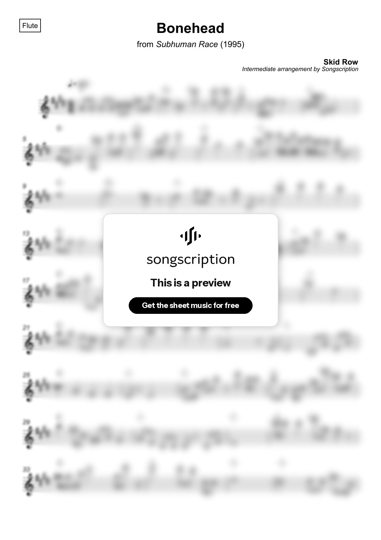 Intermediate Flute Sheet Music for "Bonehead" by Skid Row
