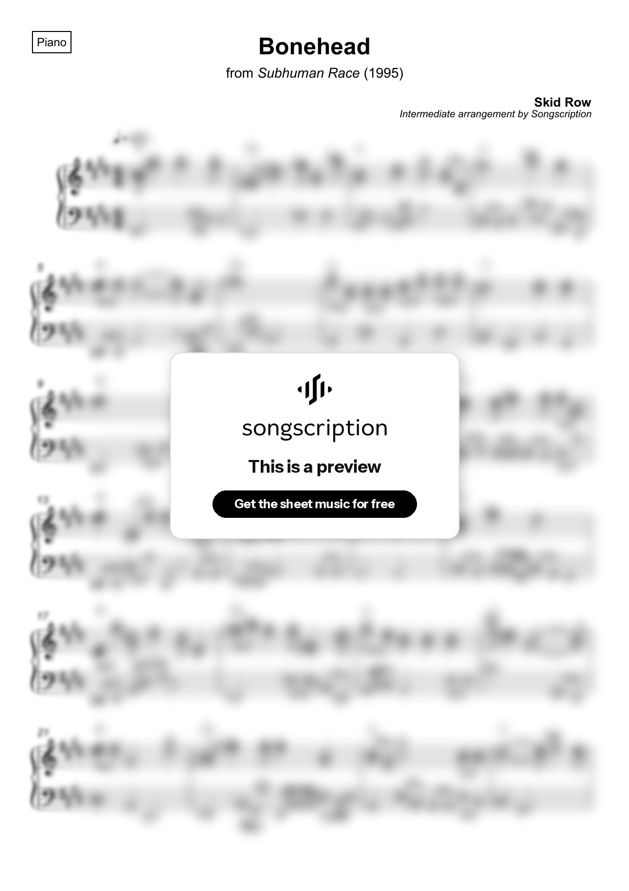 Intermediate Piano Sheet Music for "Bonehead" by Skid Row
