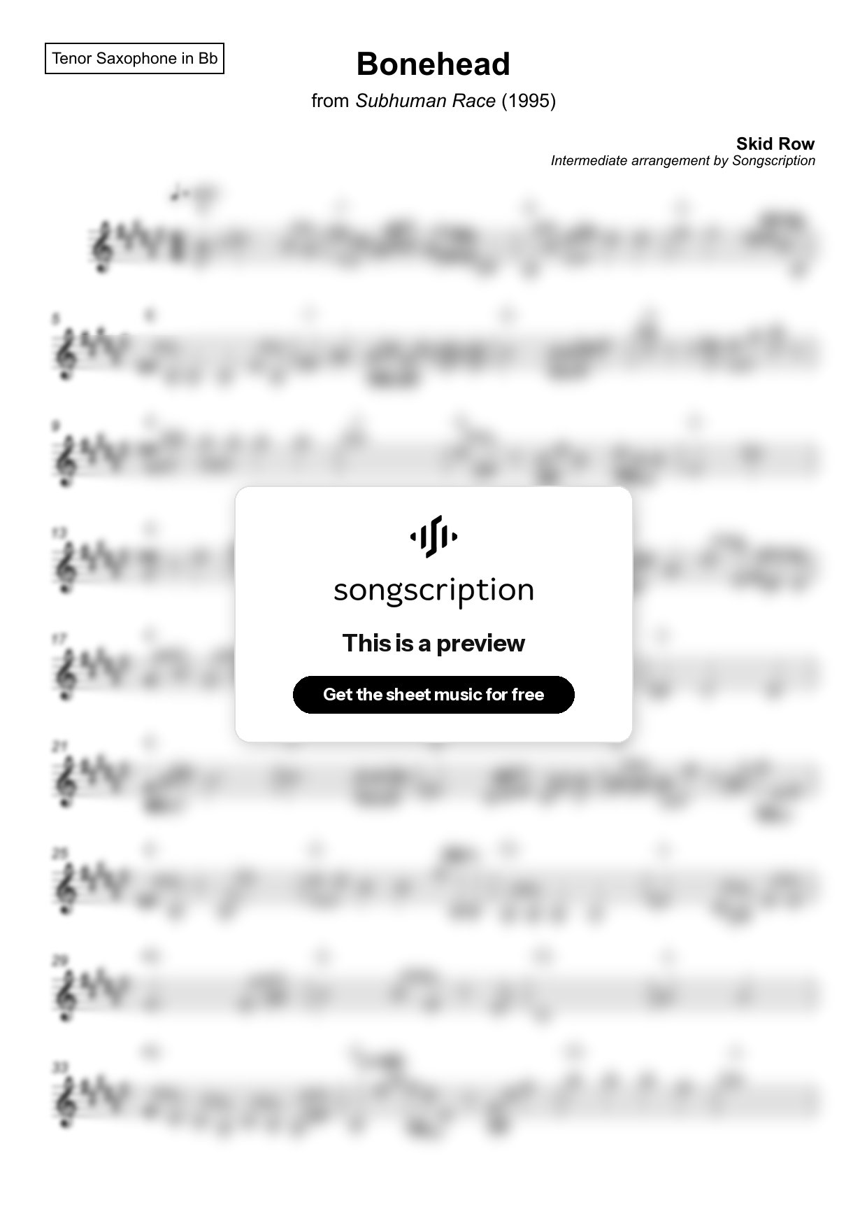 Intermediate Tenor Sax Sheet Music for "Bonehead" by Skid Row