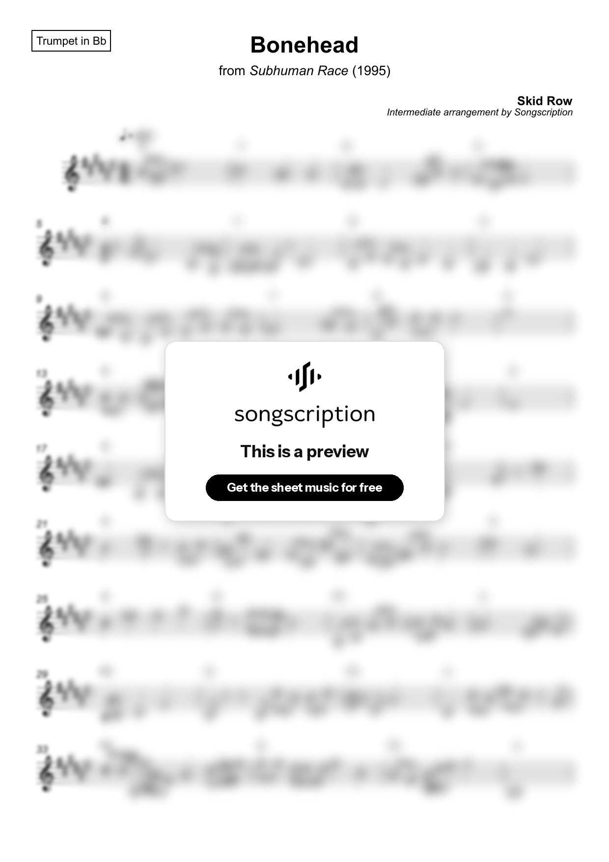 Intermediate Trumpet Sheet Music for "Bonehead" by Skid Row