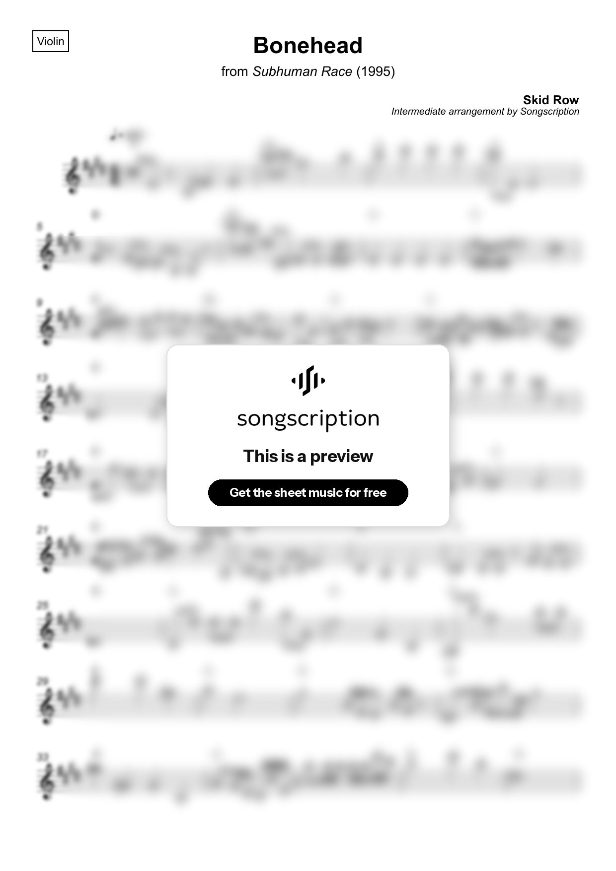 Intermediate Violin Sheet Music for "Bonehead" by Skid Row