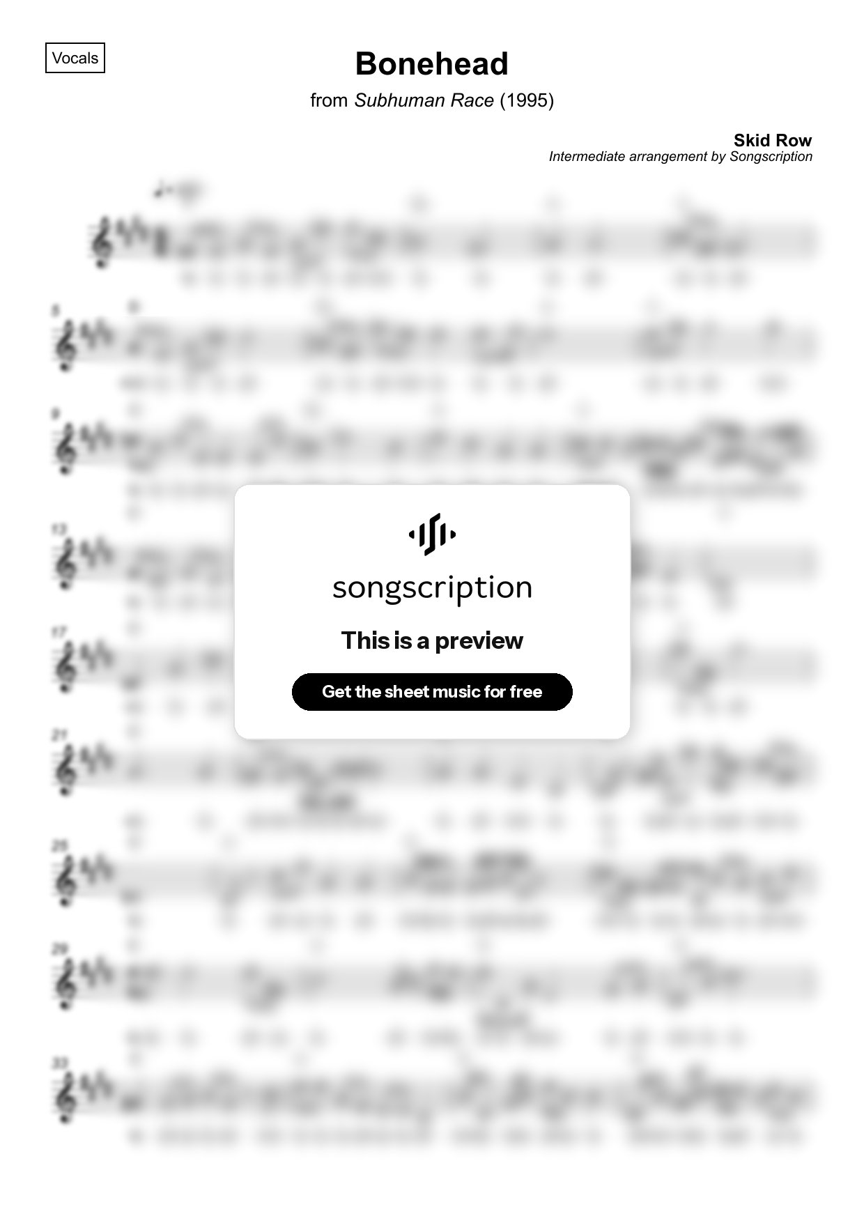 Intermediate Vocals Sheet Music for "Bonehead" by Skid Row
