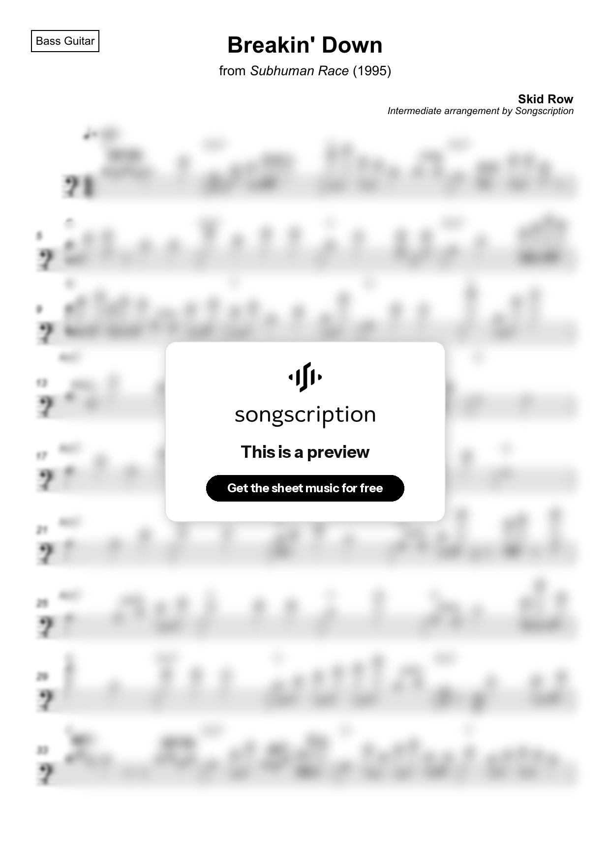 Intermediate Bass Guitar Sheet Music for "Breakin' Down" by Skid Row