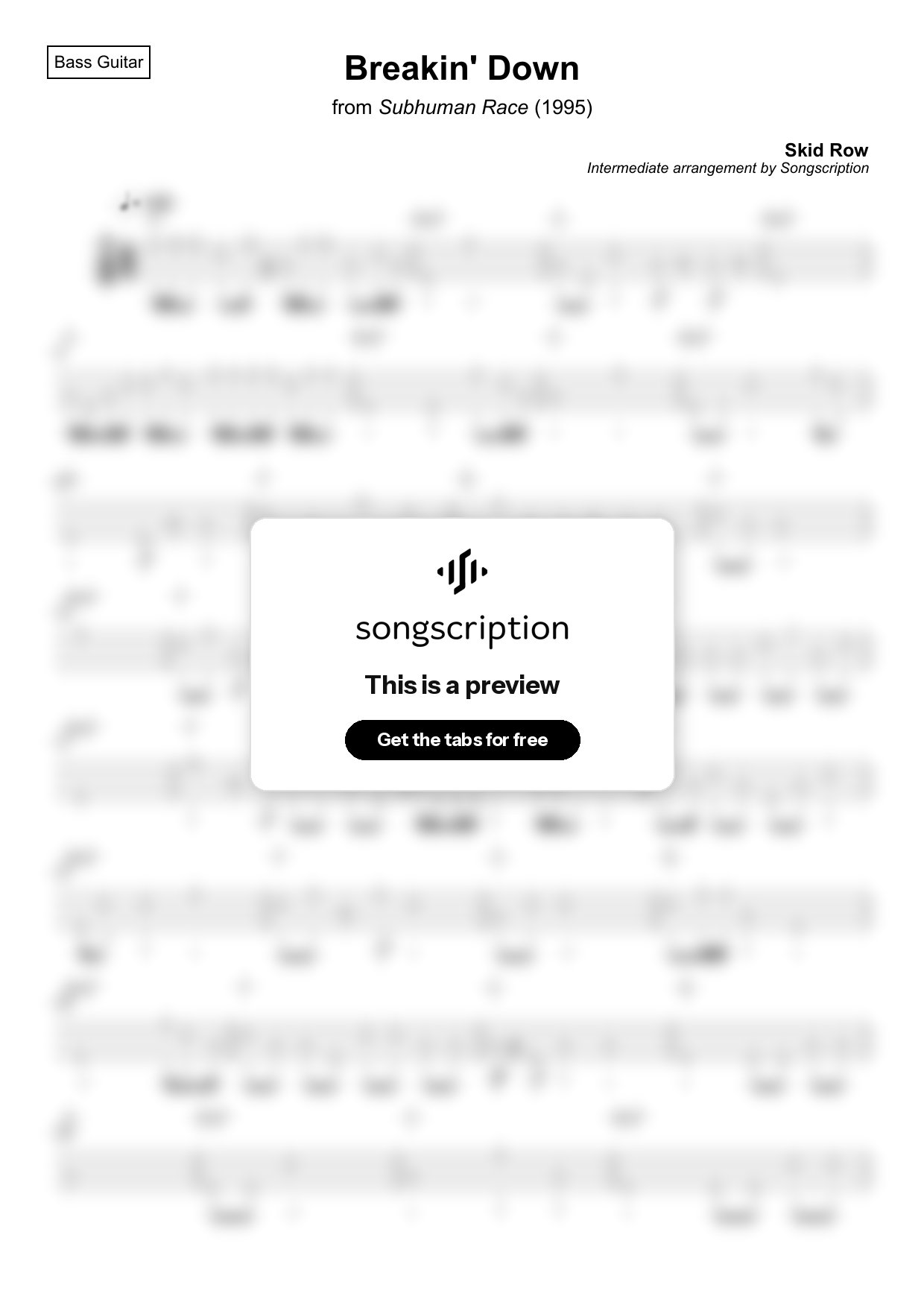 Intermediate Bass Guitar Tabs for "Breakin' Down" by Skid Row