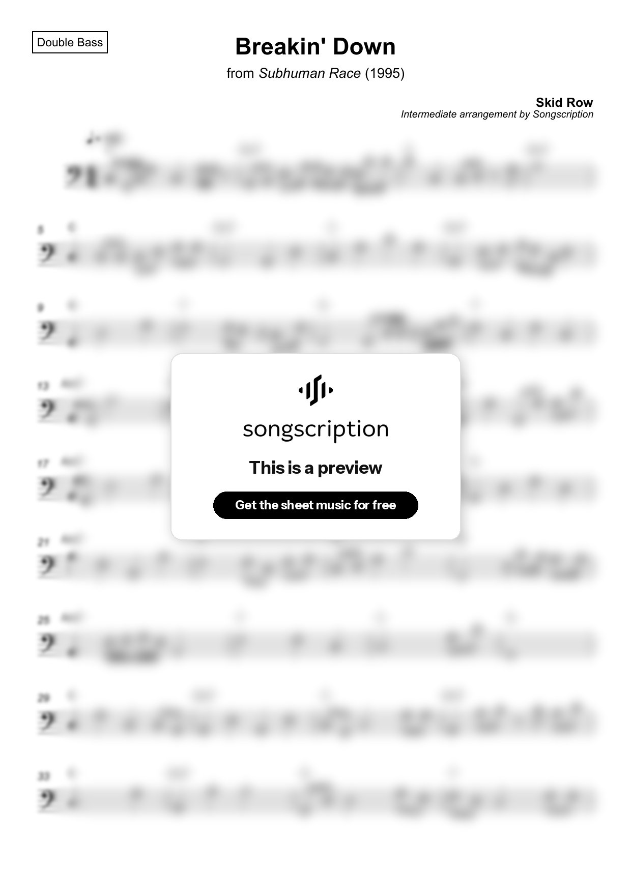 Intermediate Double Bass Sheet Music for "Breakin' Down" by Skid Row