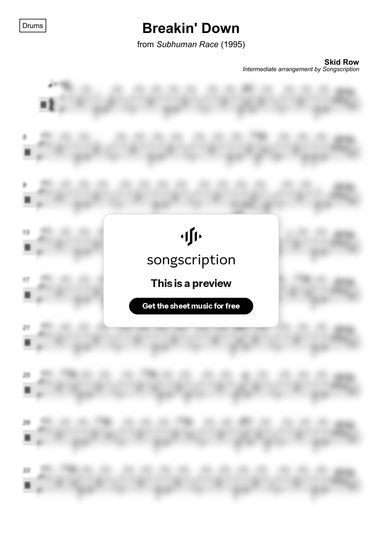 Intermediate Drums Sheet Music for "Breakin' Down" by Skid Row