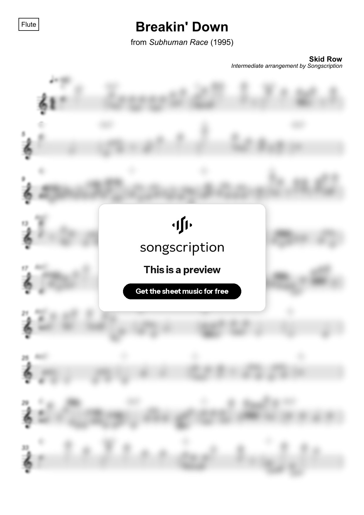 Intermediate Flute Sheet Music for "Breakin' Down" by Skid Row