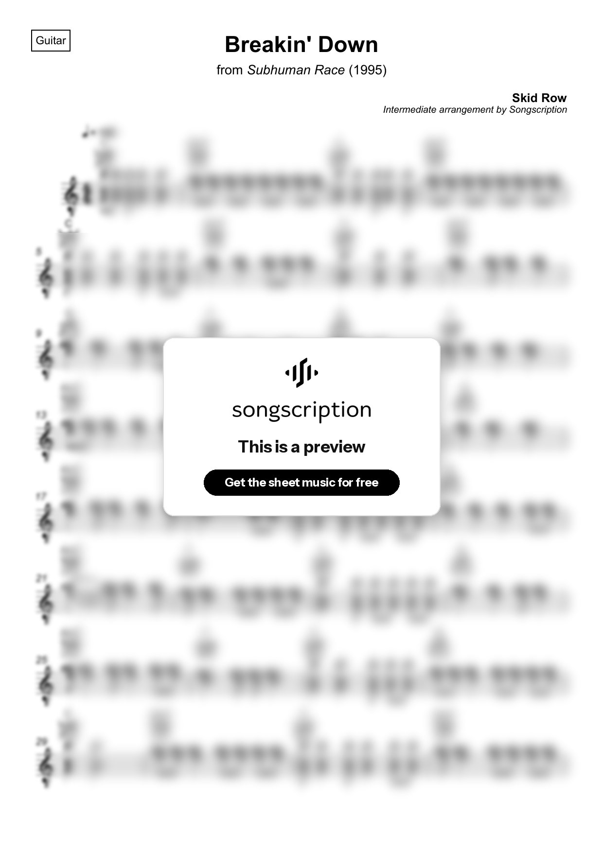 Intermediate Acoustic Guitar Sheet Music for "Breakin' Down" by Skid Row