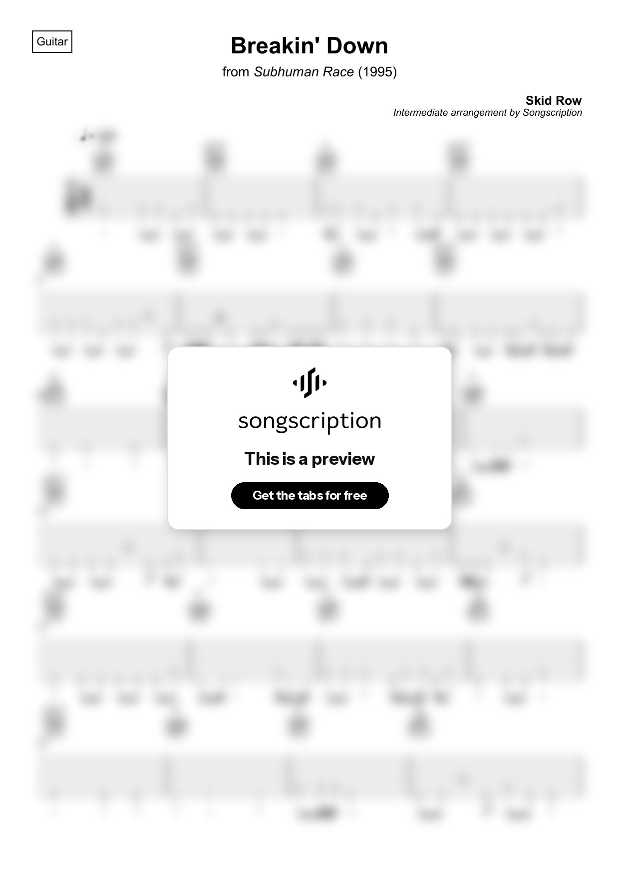 Intermediate Acoustic Guitar Tabs for "Breakin' Down" by Skid Row