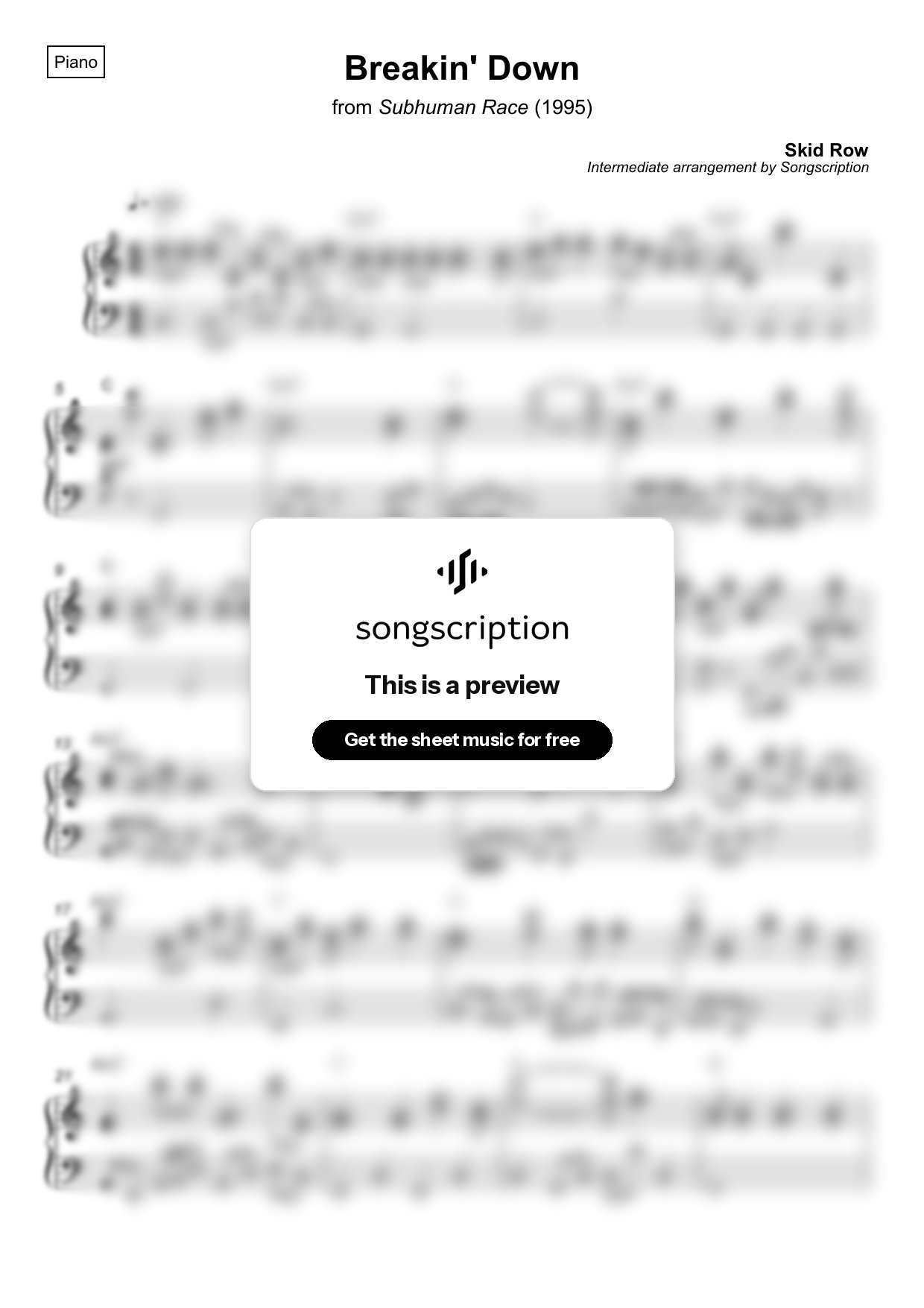 Intermediate Piano Sheet Music for "Breakin' Down" by Skid Row