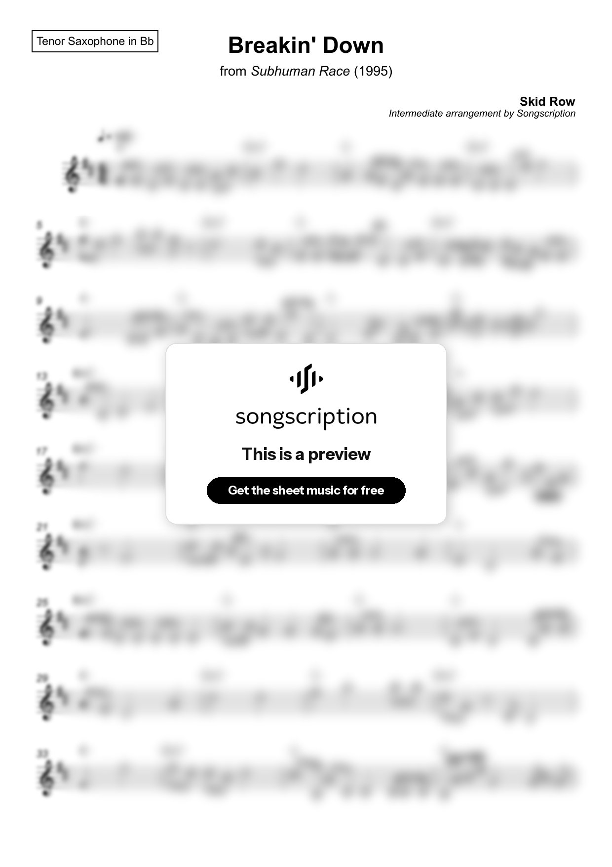 Intermediate Tenor Sax Sheet Music for "Breakin' Down" by Skid Row
