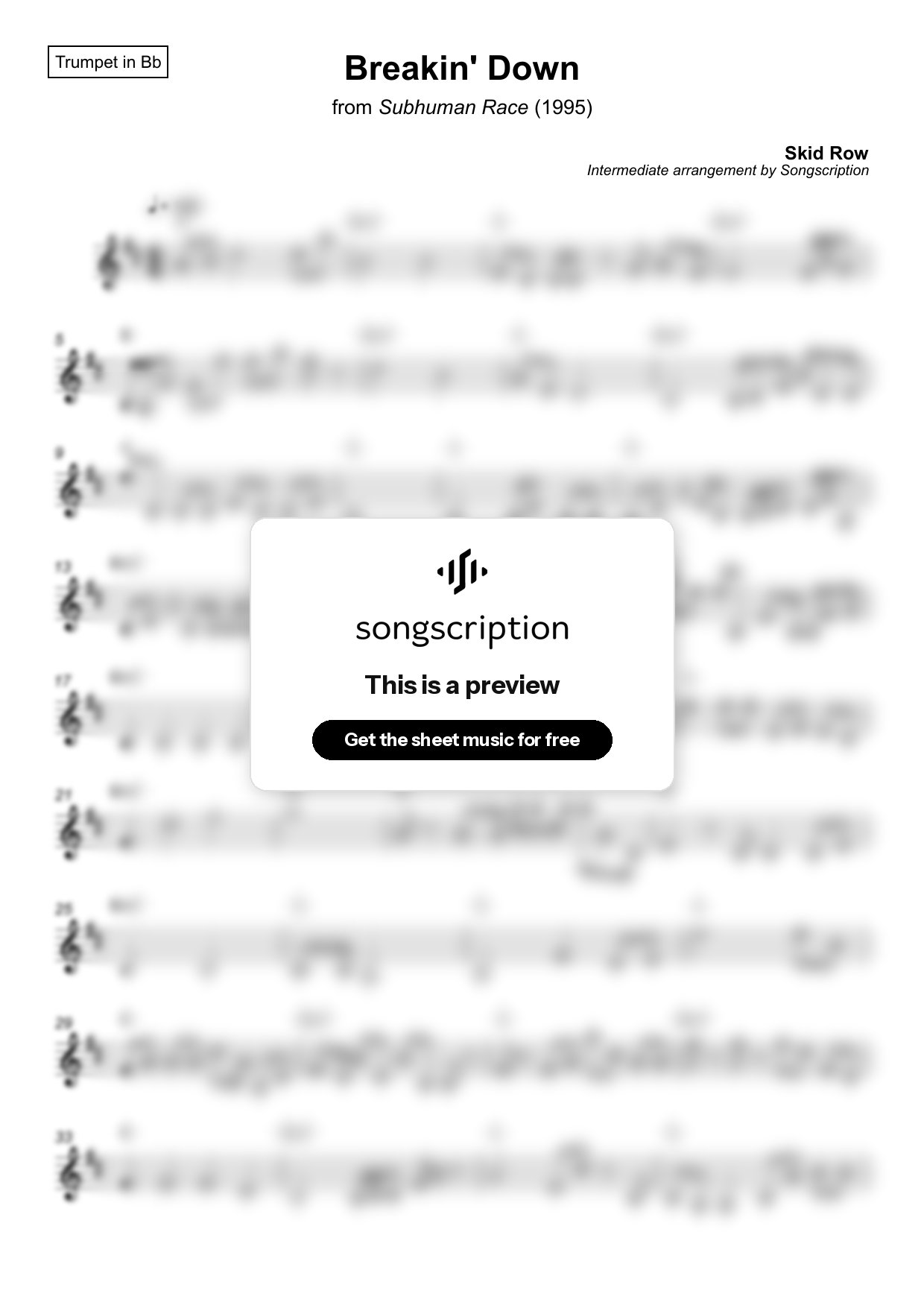 Intermediate Trumpet Sheet Music for "Breakin' Down" by Skid Row