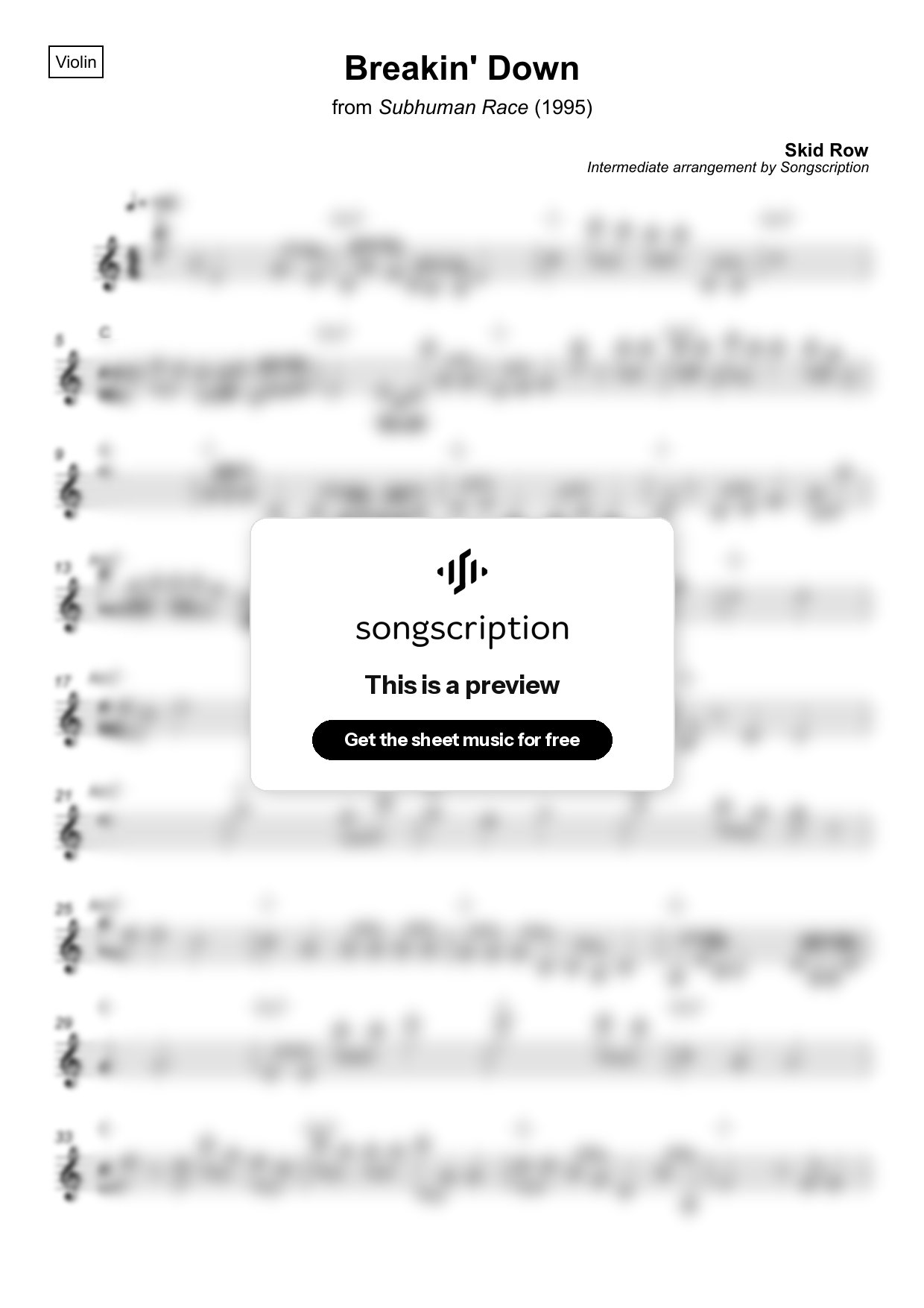 Intermediate Violin Sheet Music for "Breakin' Down" by Skid Row
