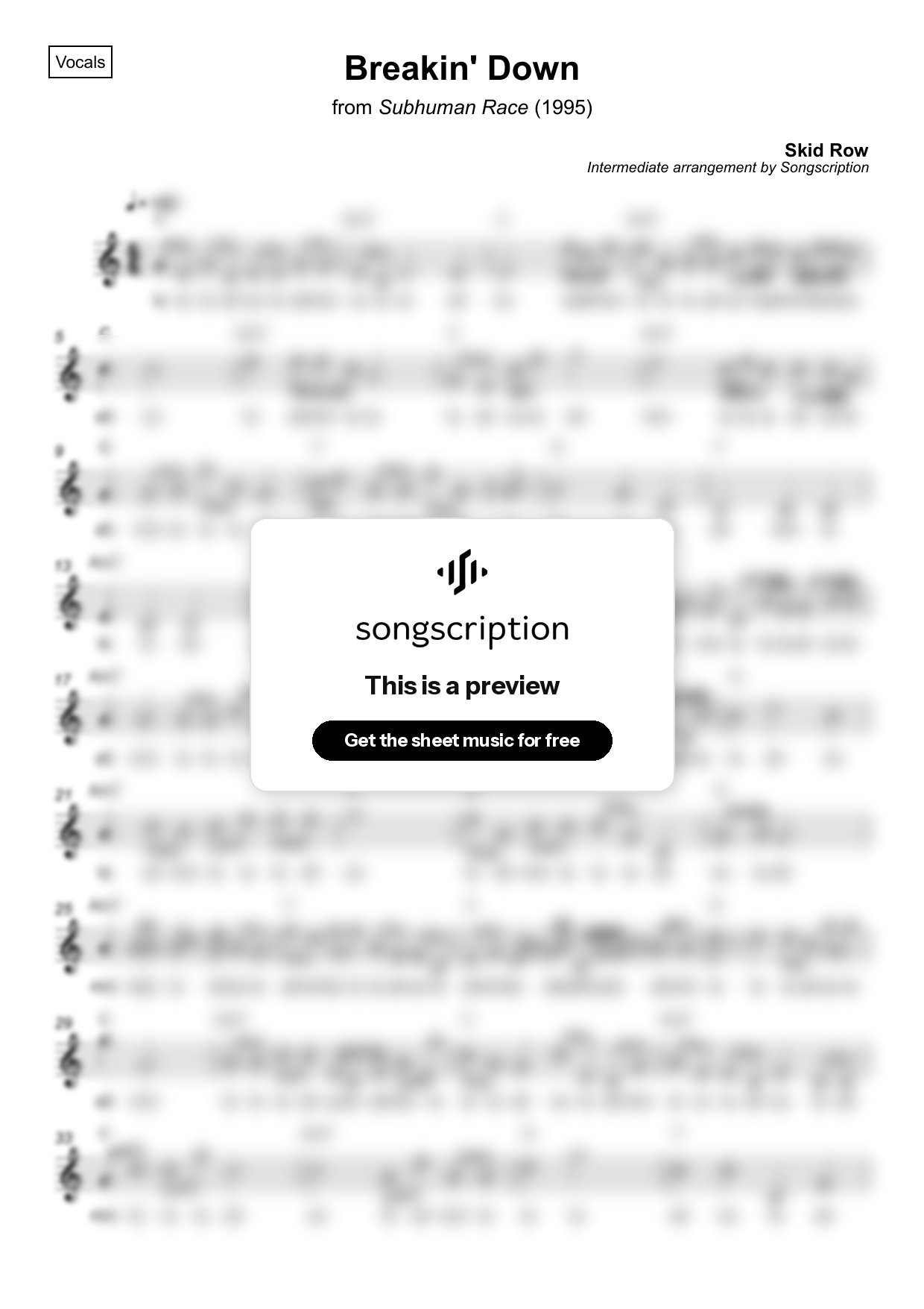Intermediate Vocals Sheet Music for "Breakin' Down" by Skid Row