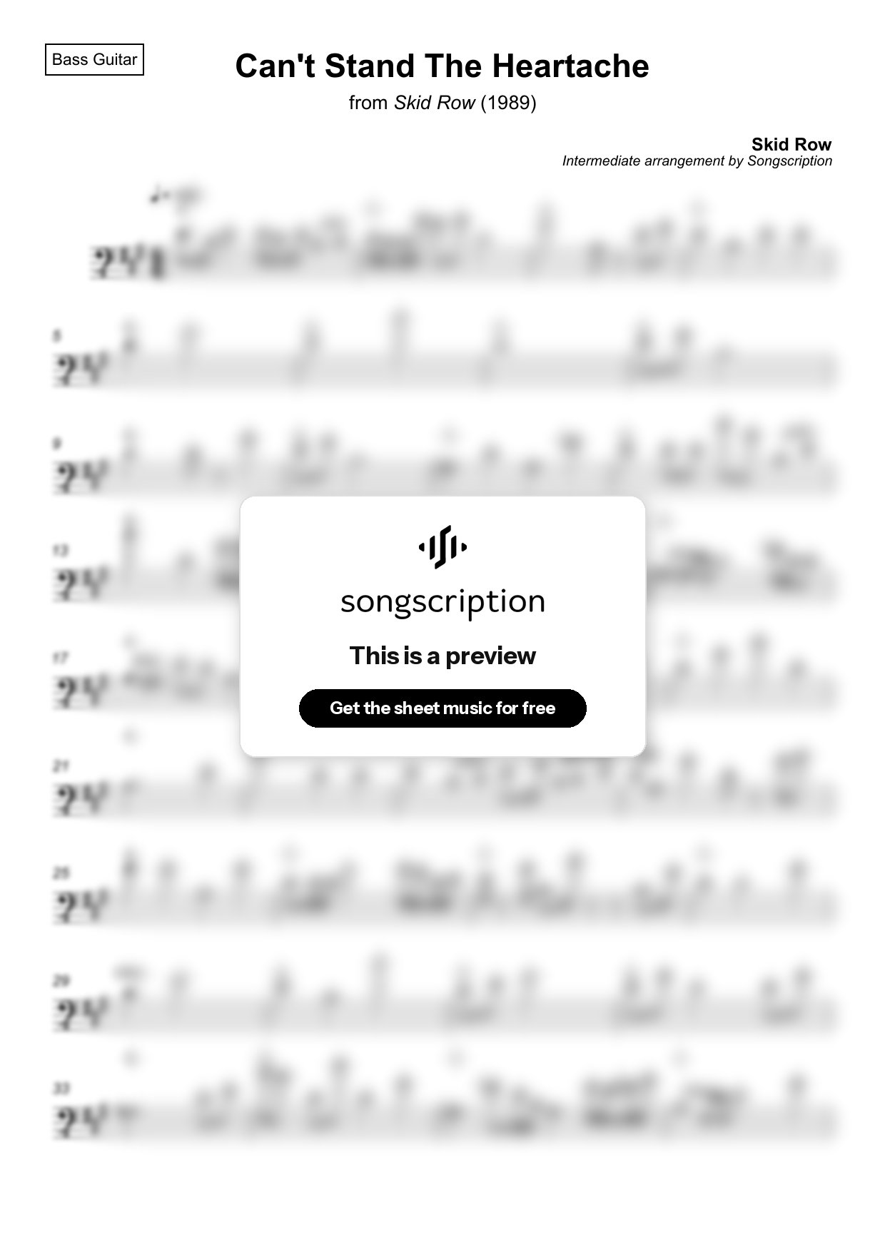 Intermediate Bass Guitar Sheet Music for "Can't Stand The Heartache" by Skid Row