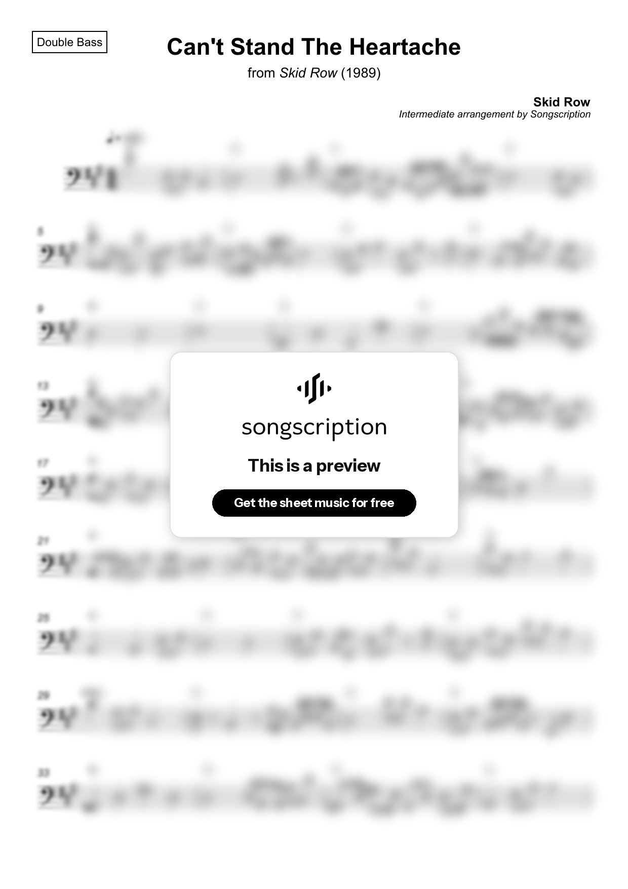 Intermediate Double Bass Sheet Music for "Can't Stand The Heartache" by Skid Row