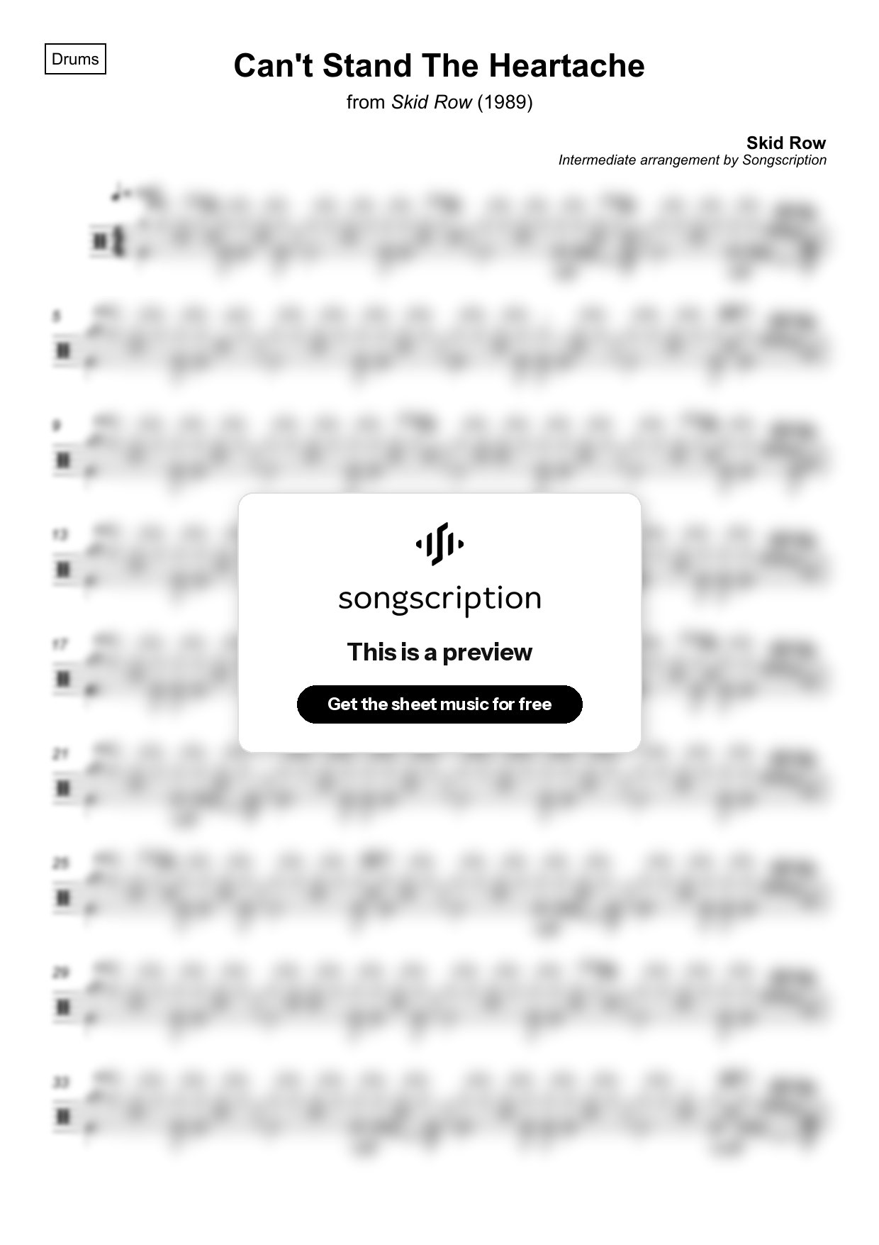 Intermediate Drums Sheet Music for "Can't Stand The Heartache" by Skid Row