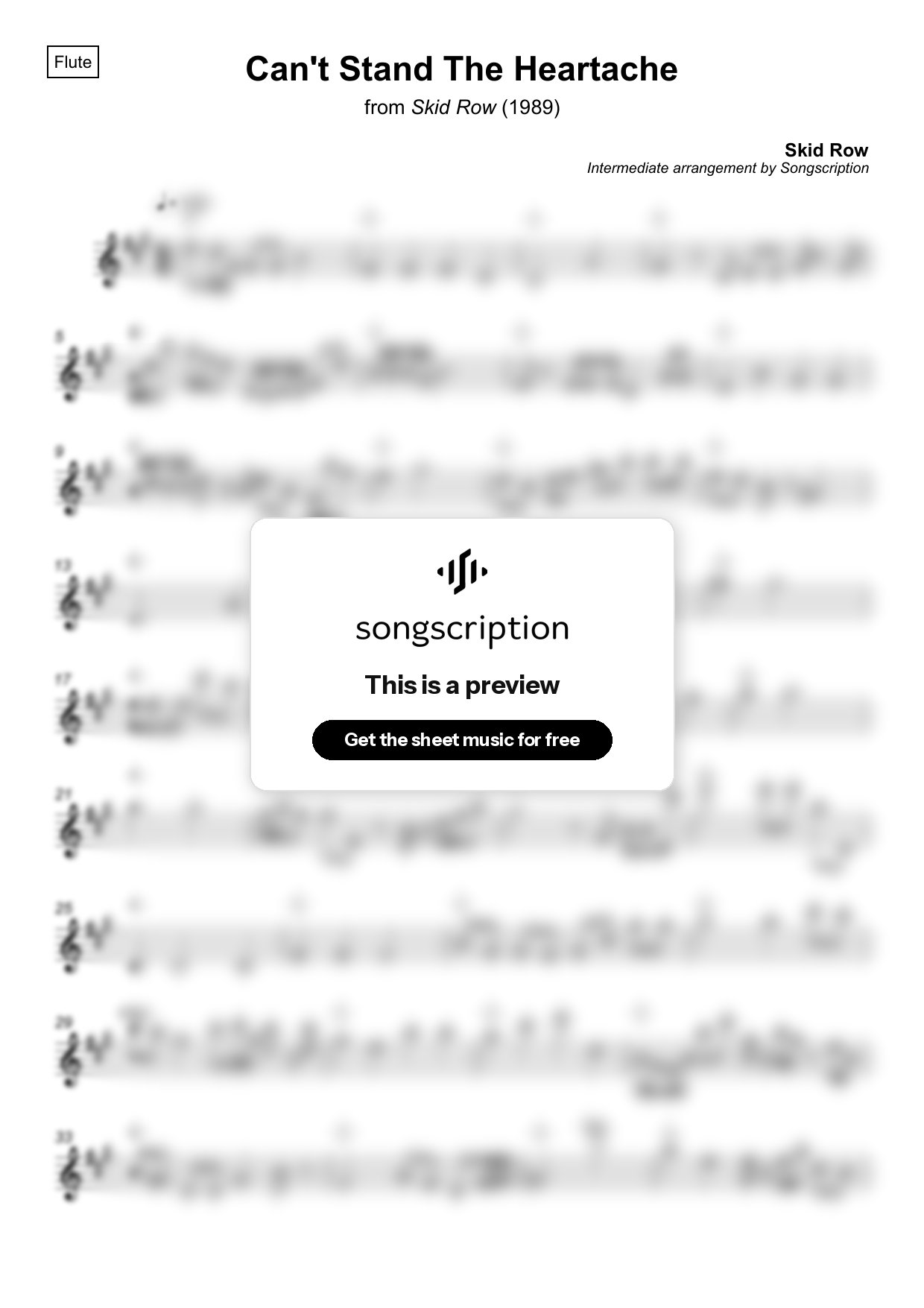 Intermediate Flute Sheet Music for "Can't Stand The Heartache" by Skid Row