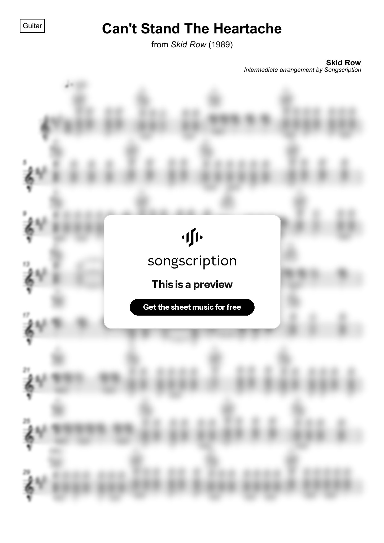Intermediate Acoustic Guitar Sheet Music for "Can't Stand The Heartache" by Skid Row
