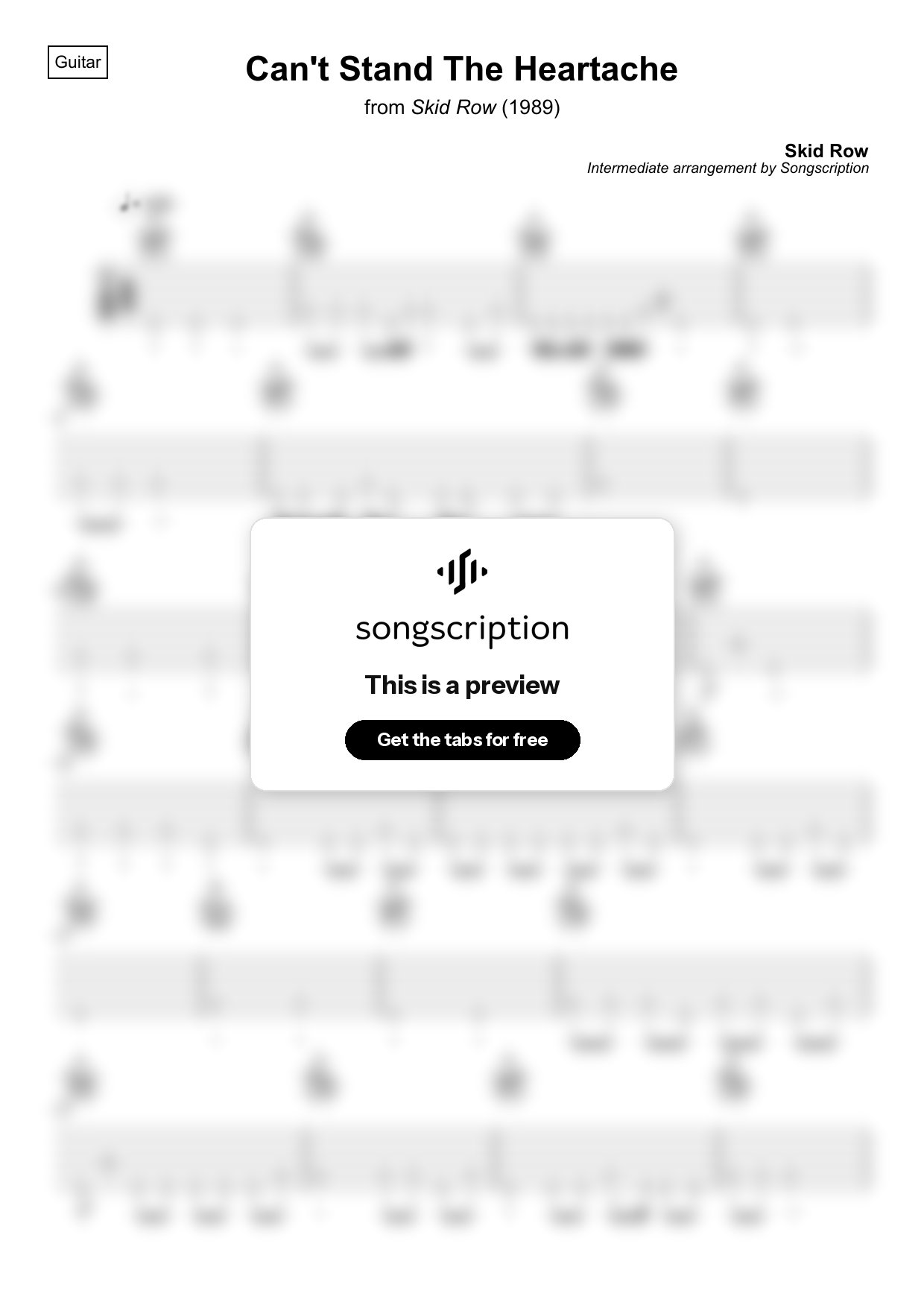 Intermediate Acoustic Guitar Tabs for "Can't Stand The Heartache" by Skid Row