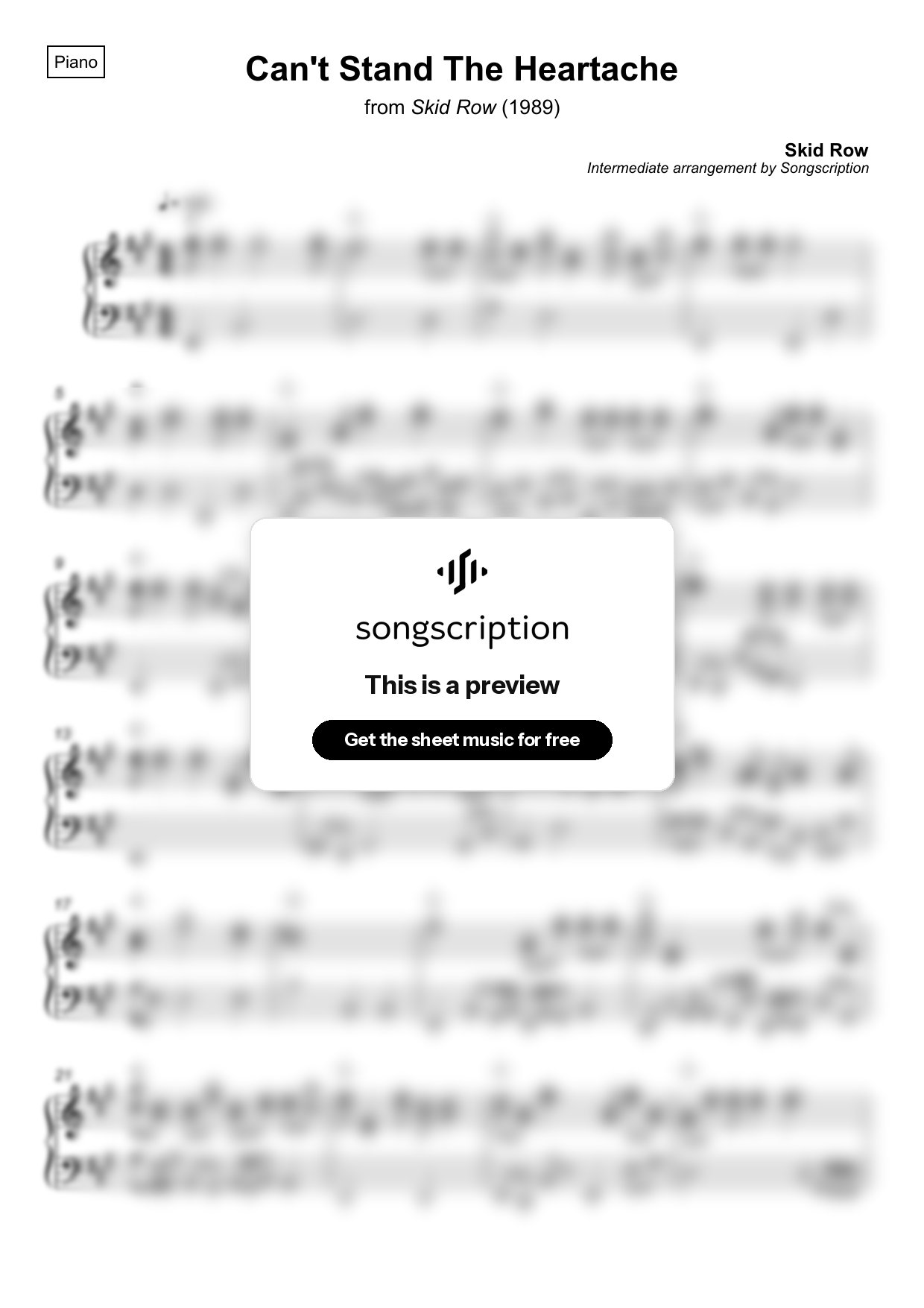 Intermediate Piano Sheet Music for "Can't Stand The Heartache" by Skid Row