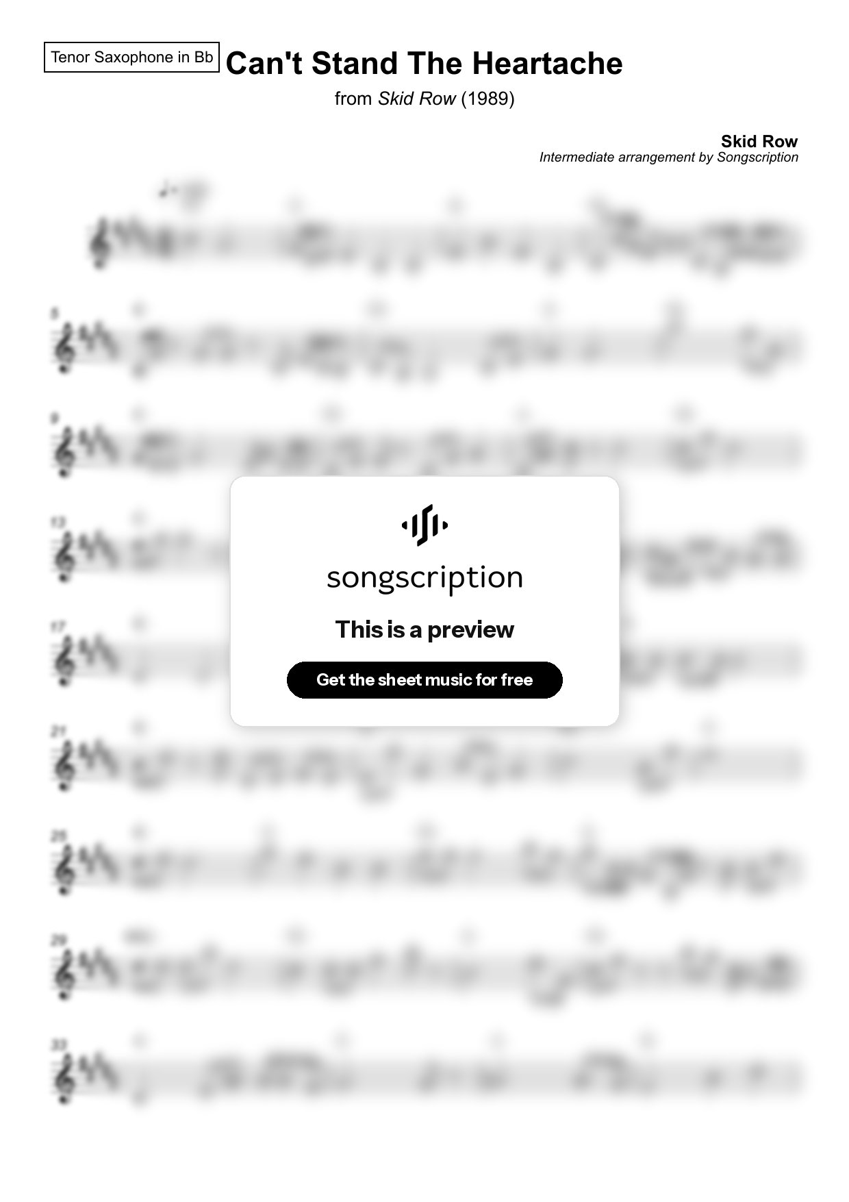Intermediate Tenor Sax Sheet Music for "Can't Stand The Heartache" by Skid Row