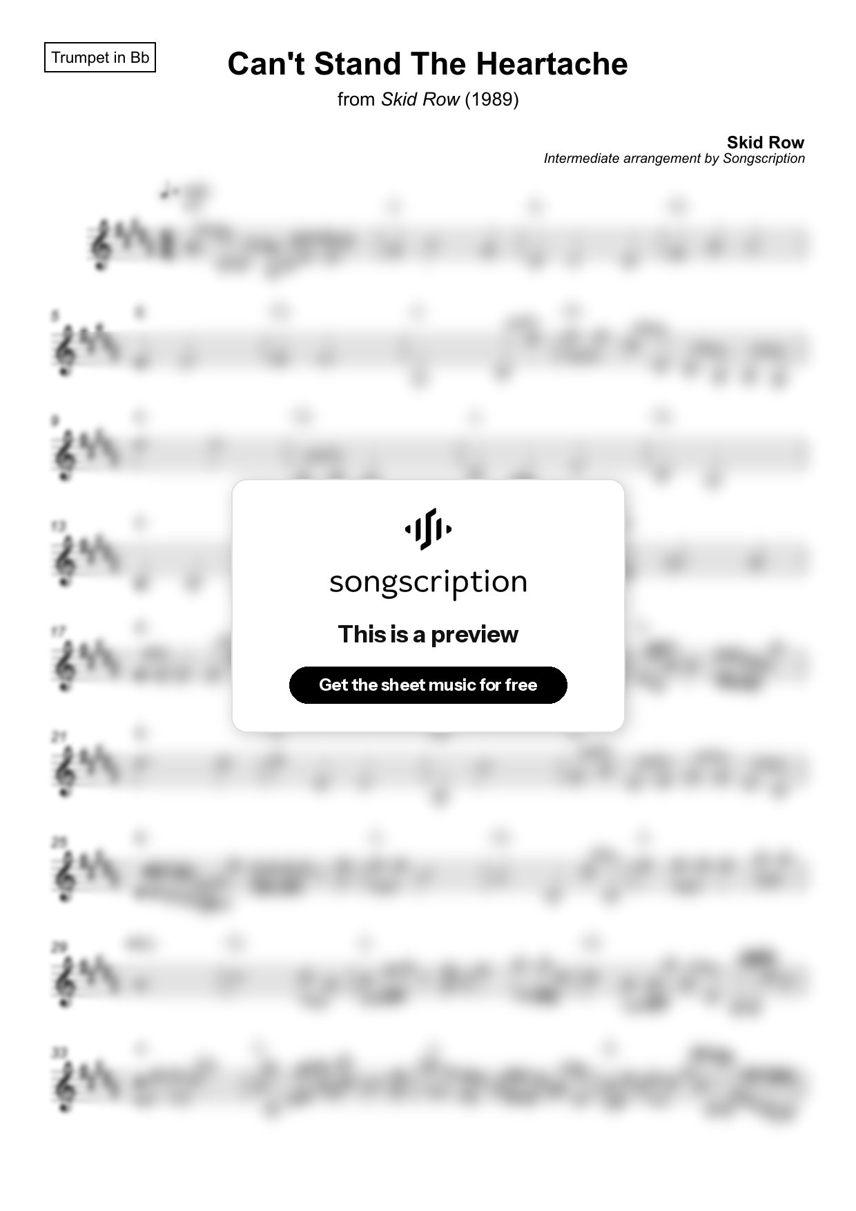 Intermediate Trumpet Sheet Music for "Can't Stand The Heartache" by Skid Row