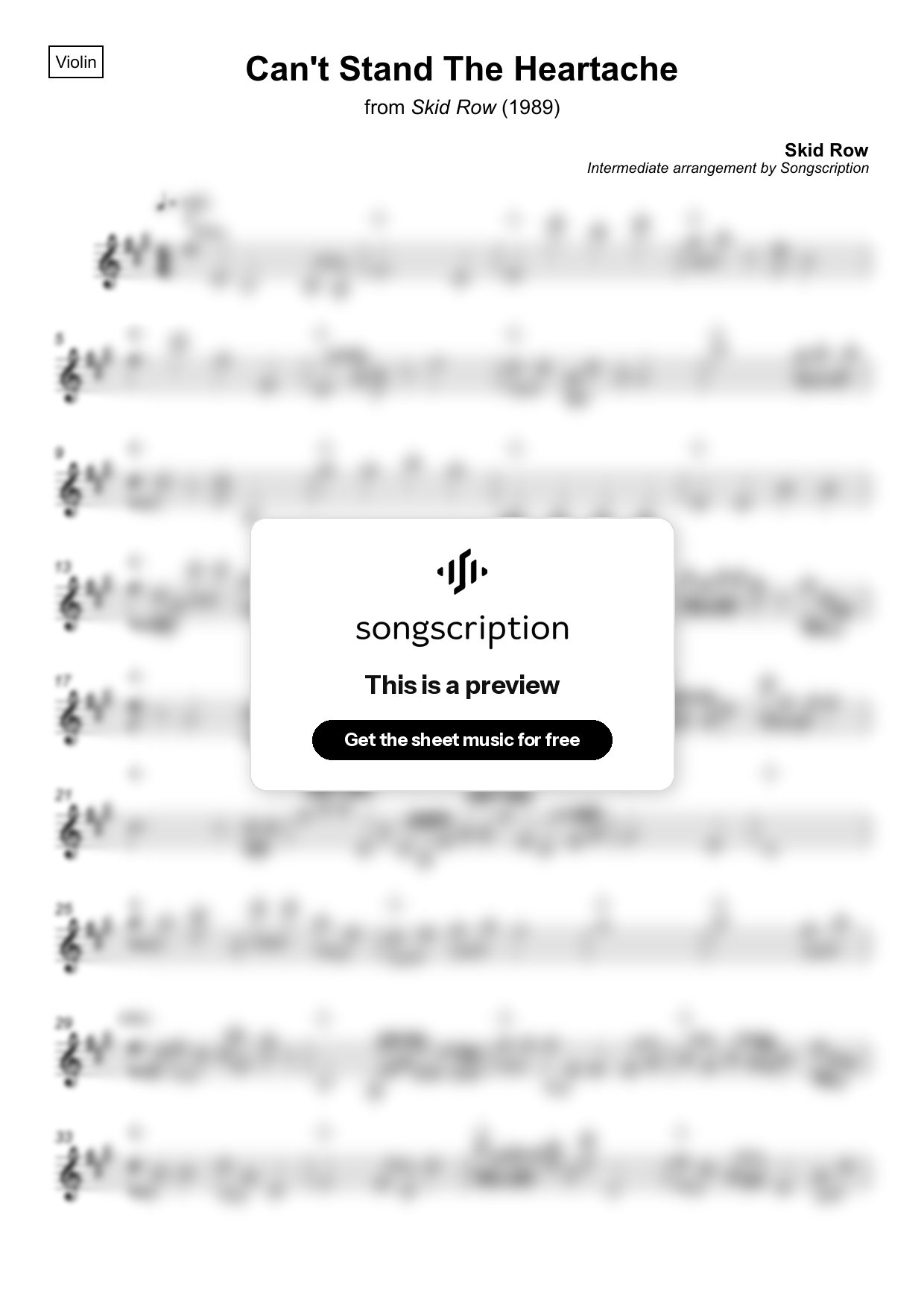 Intermediate Violin Sheet Music for "Can't Stand The Heartache" by Skid Row