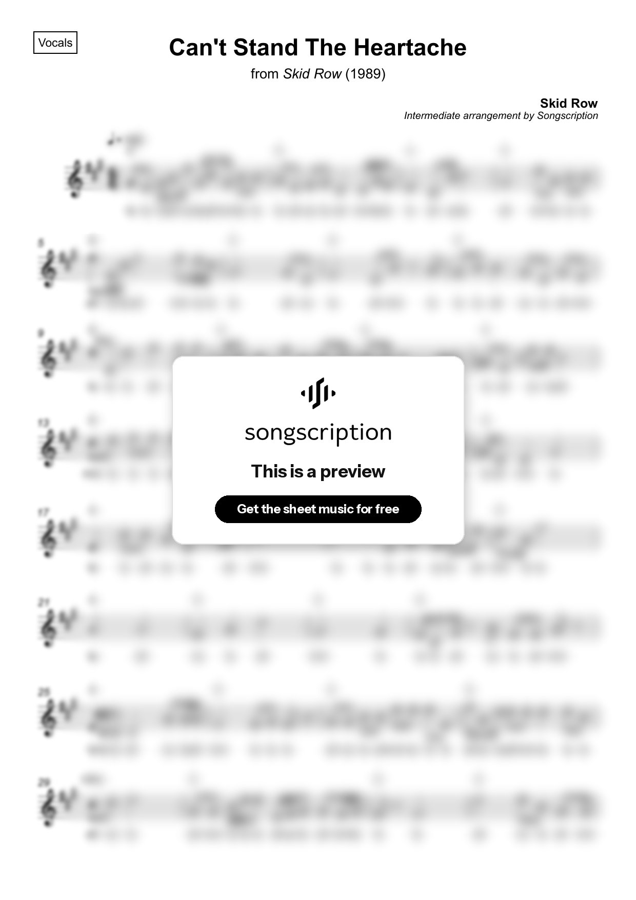 Intermediate Vocals Sheet Music for "Can't Stand The Heartache" by Skid Row