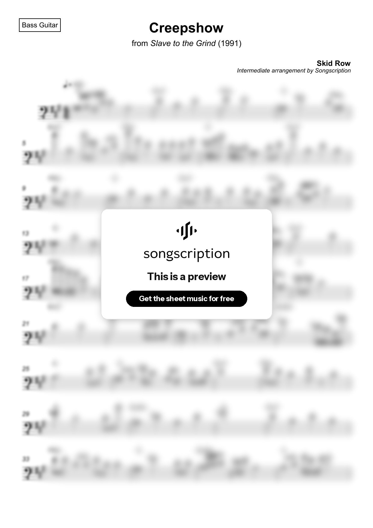 Intermediate Bass Guitar Sheet Music for "Creepshow" by Skid Row