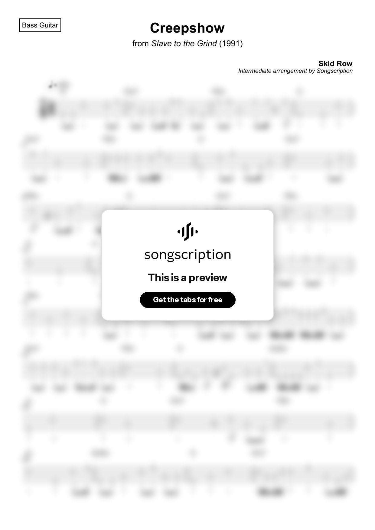 Intermediate Bass Guitar Tabs for "Creepshow" by Skid Row