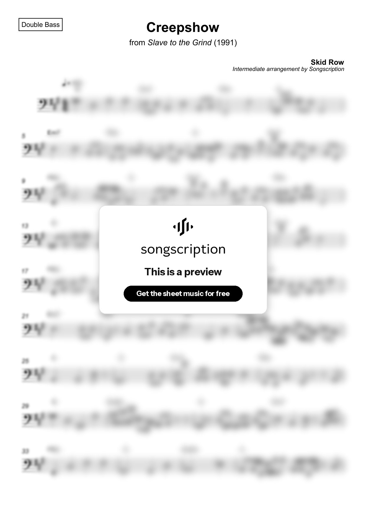 Intermediate Double Bass Sheet Music for "Creepshow" by Skid Row