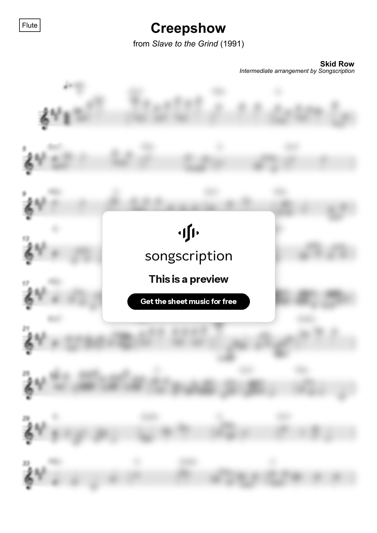 Intermediate Flute Sheet Music for "Creepshow" by Skid Row