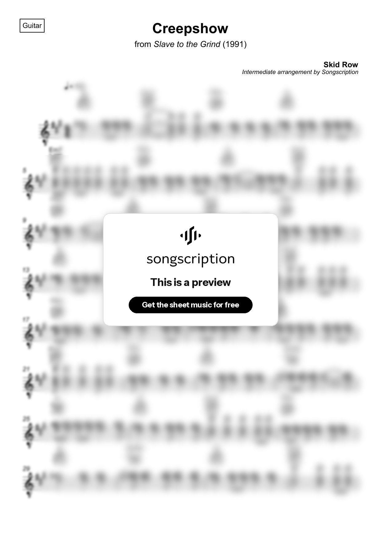 Intermediate Acoustic Guitar Sheet Music for "Creepshow" by Skid Row