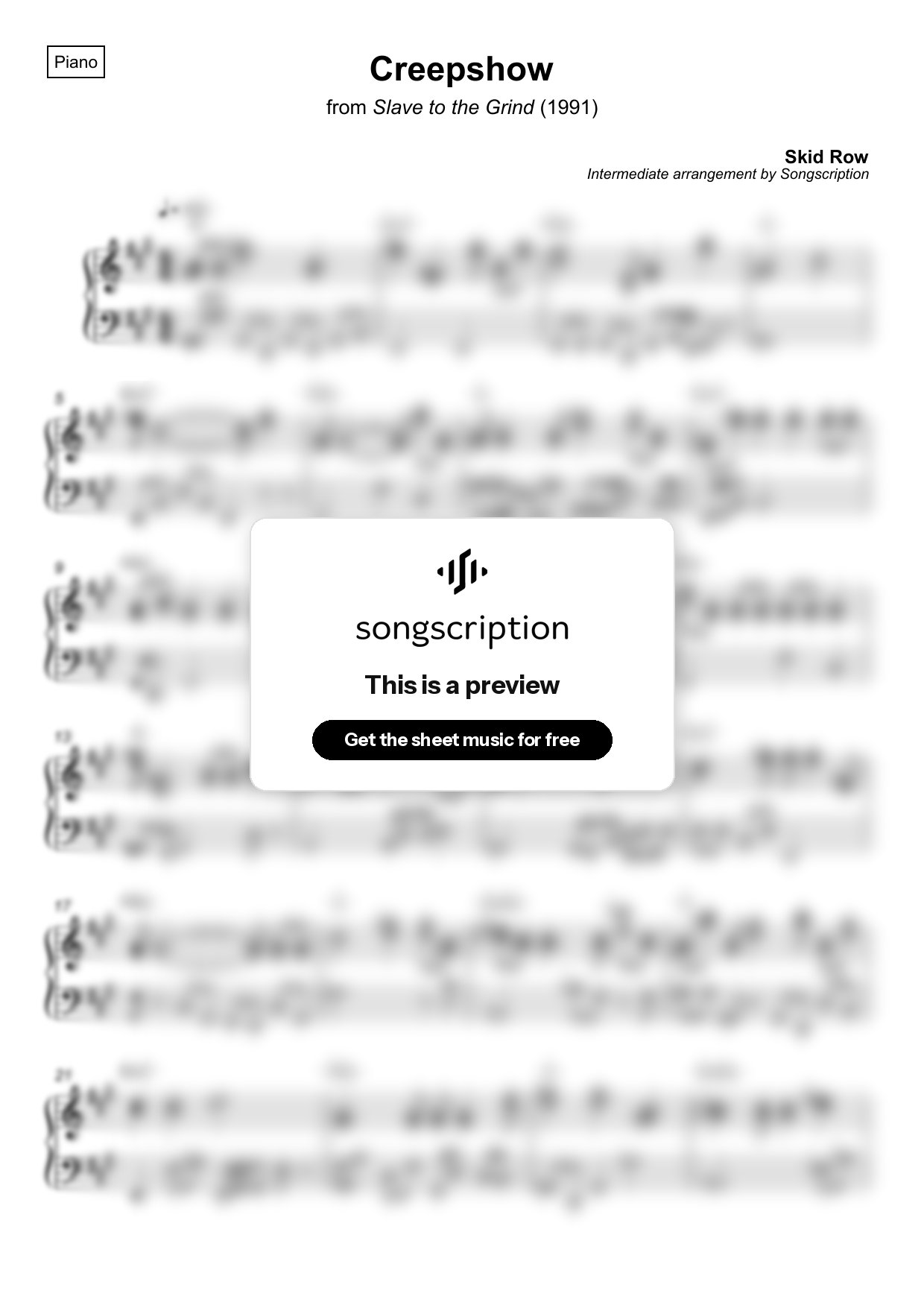 Intermediate Piano Sheet Music for "Creepshow" by Skid Row
