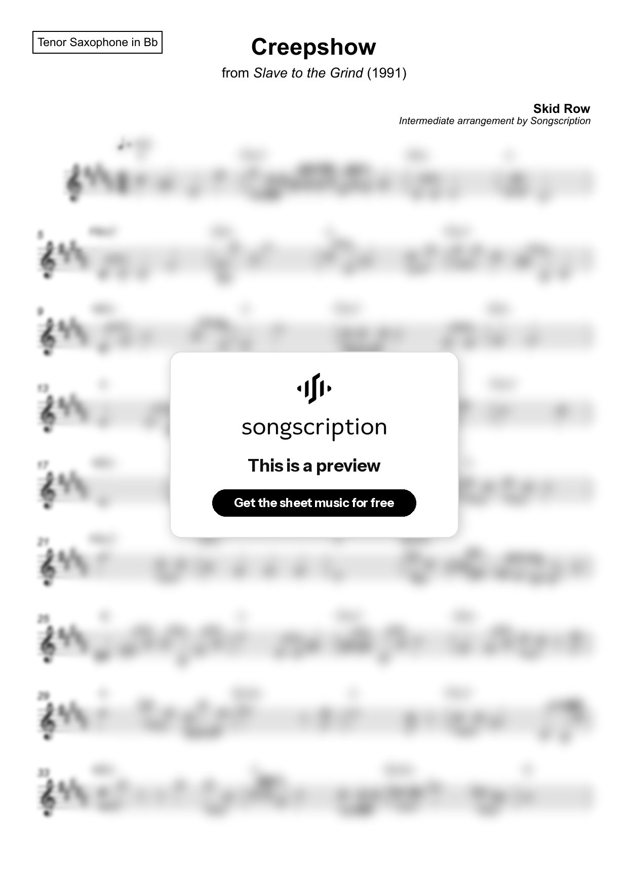 Intermediate Tenor Sax Sheet Music for "Creepshow" by Skid Row