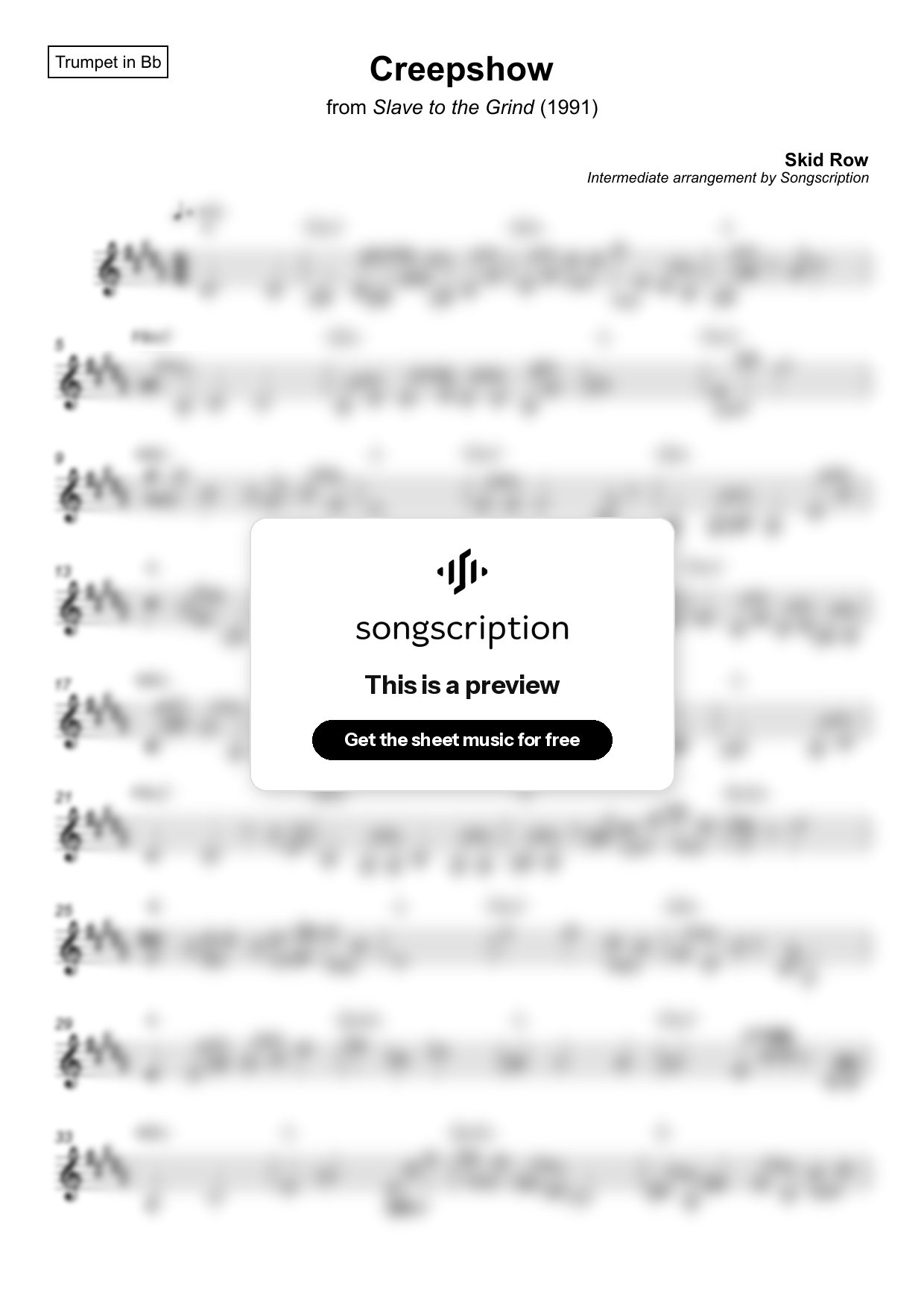 Intermediate Trumpet Sheet Music for "Creepshow" by Skid Row