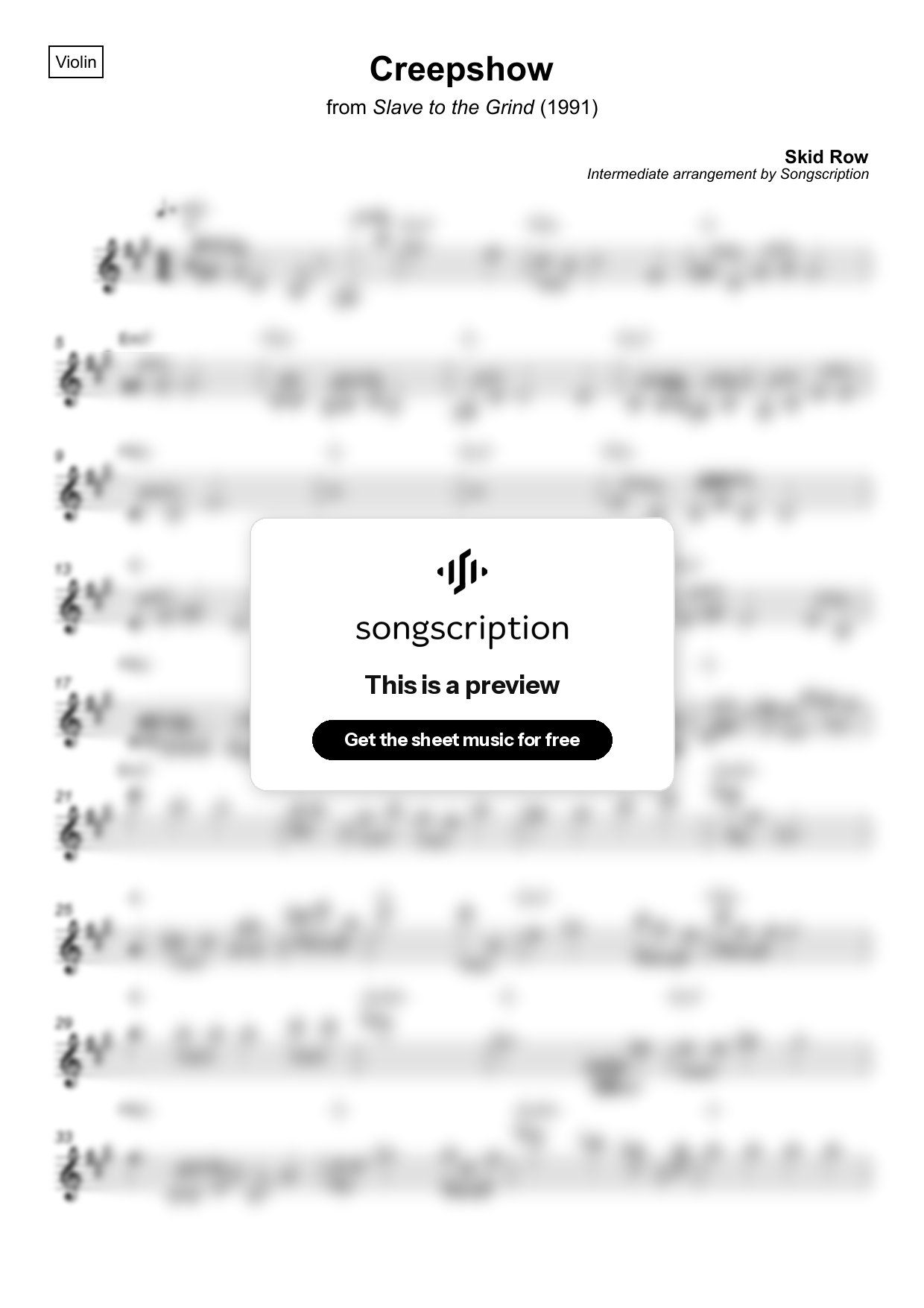 Intermediate Violin Sheet Music for "Creepshow" by Skid Row