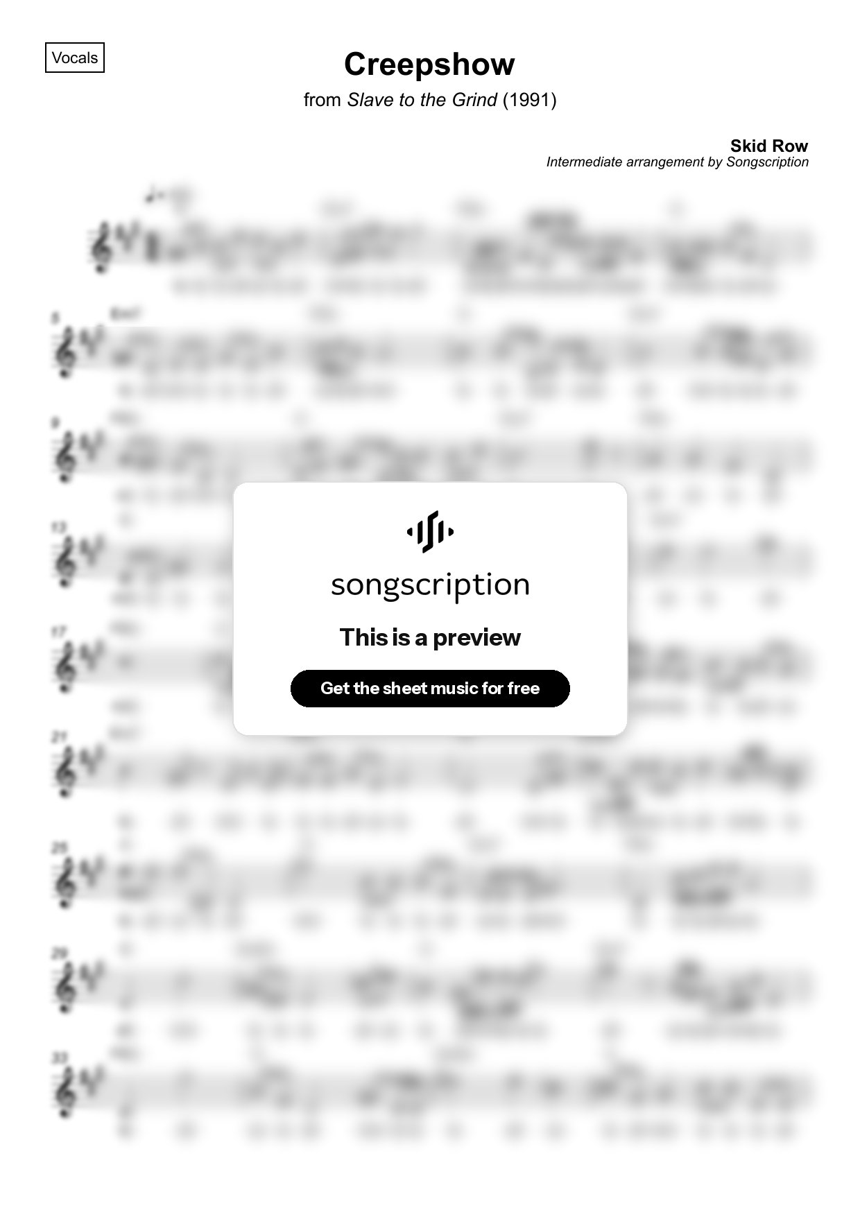 Intermediate Vocals Sheet Music for "Creepshow" by Skid Row
