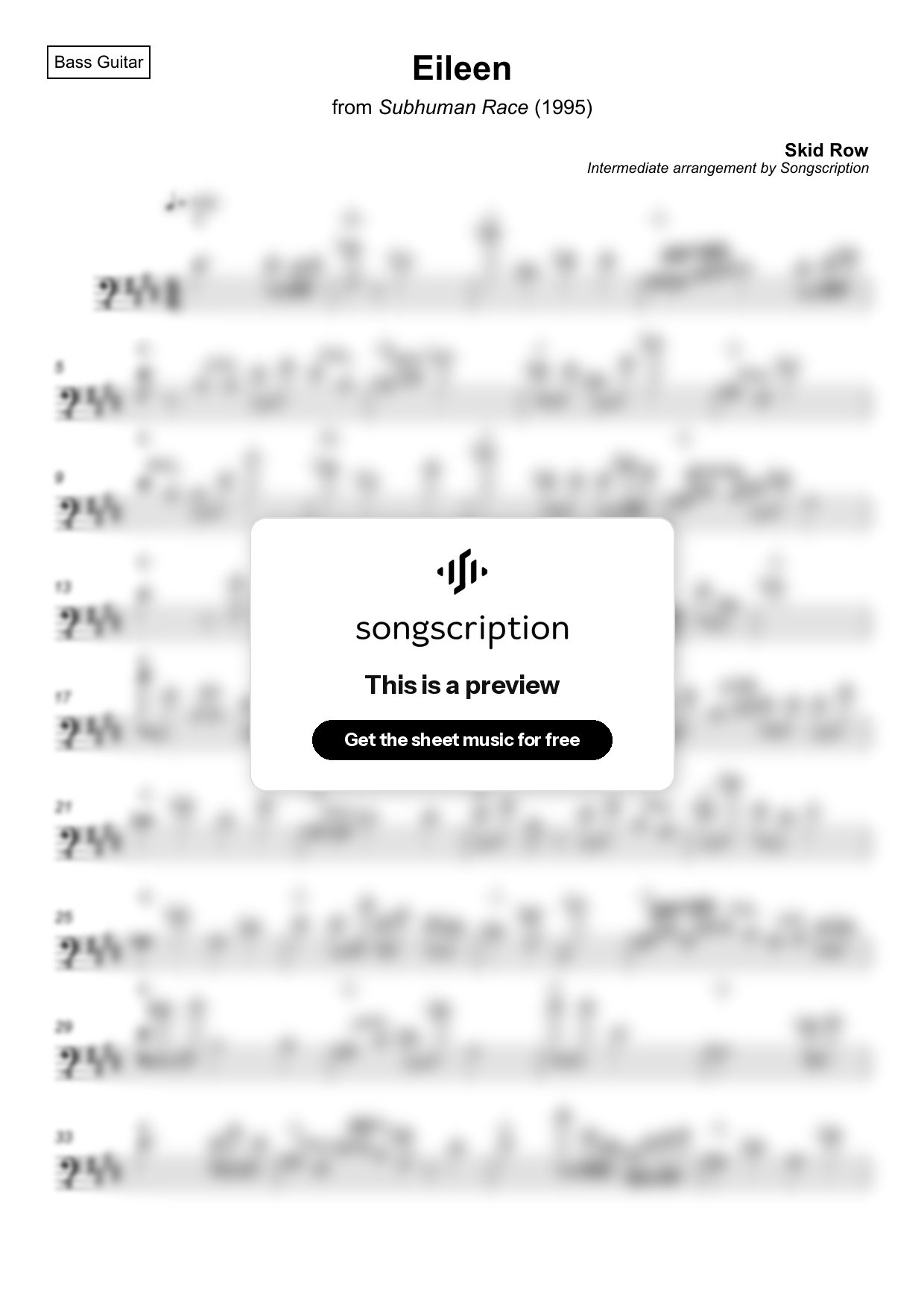 Intermediate Bass Guitar Sheet Music for "Eileen" by Skid Row