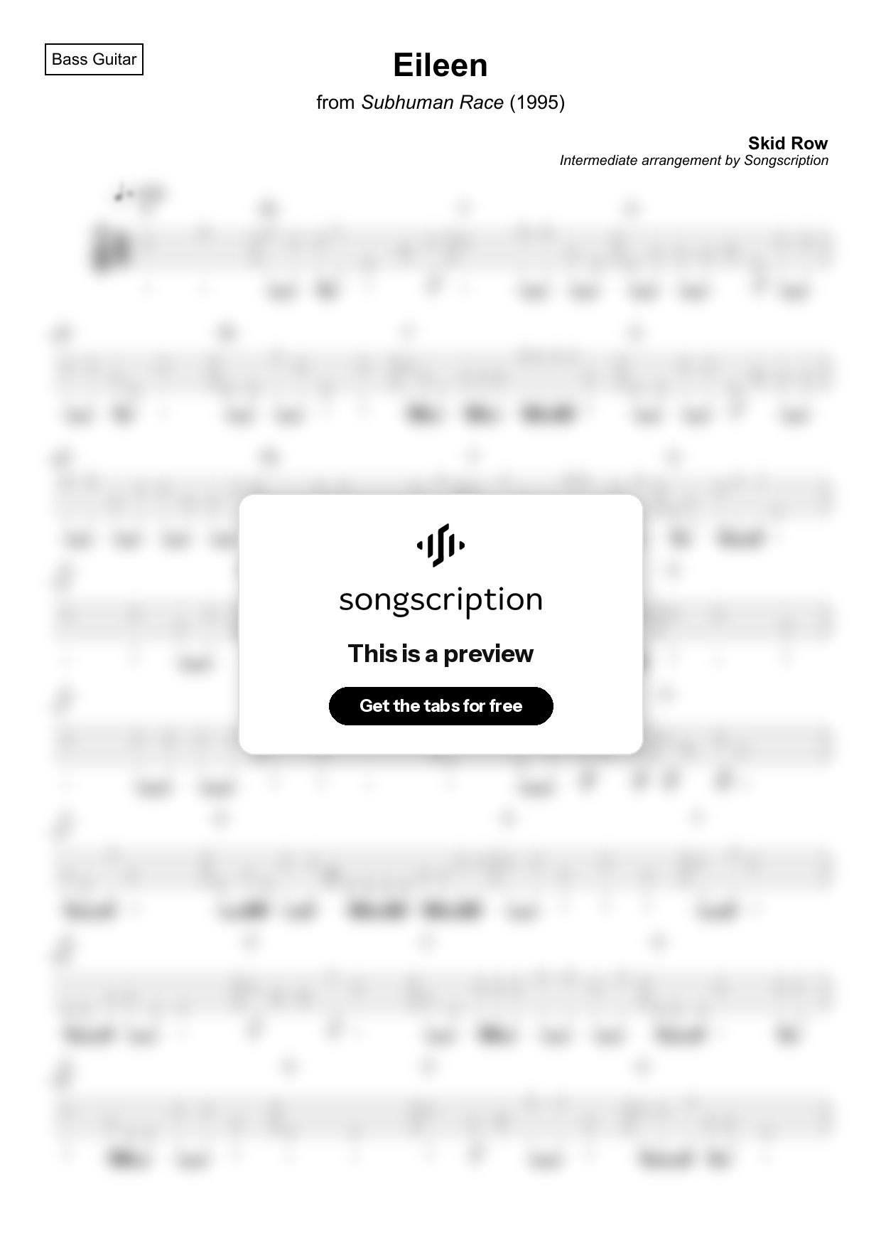 Intermediate Bass Guitar Tabs for "Eileen" by Skid Row