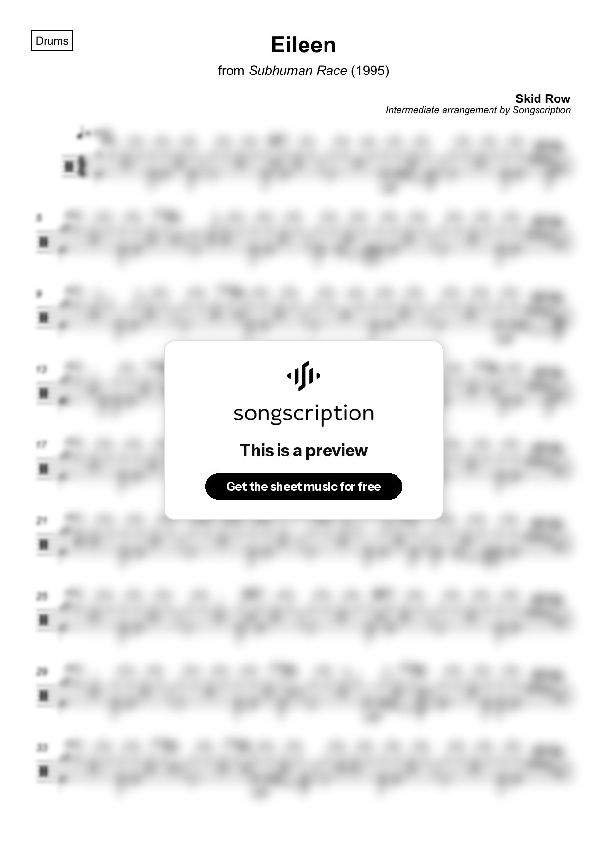 Intermediate Drums Sheet Music for "Eileen" by Skid Row