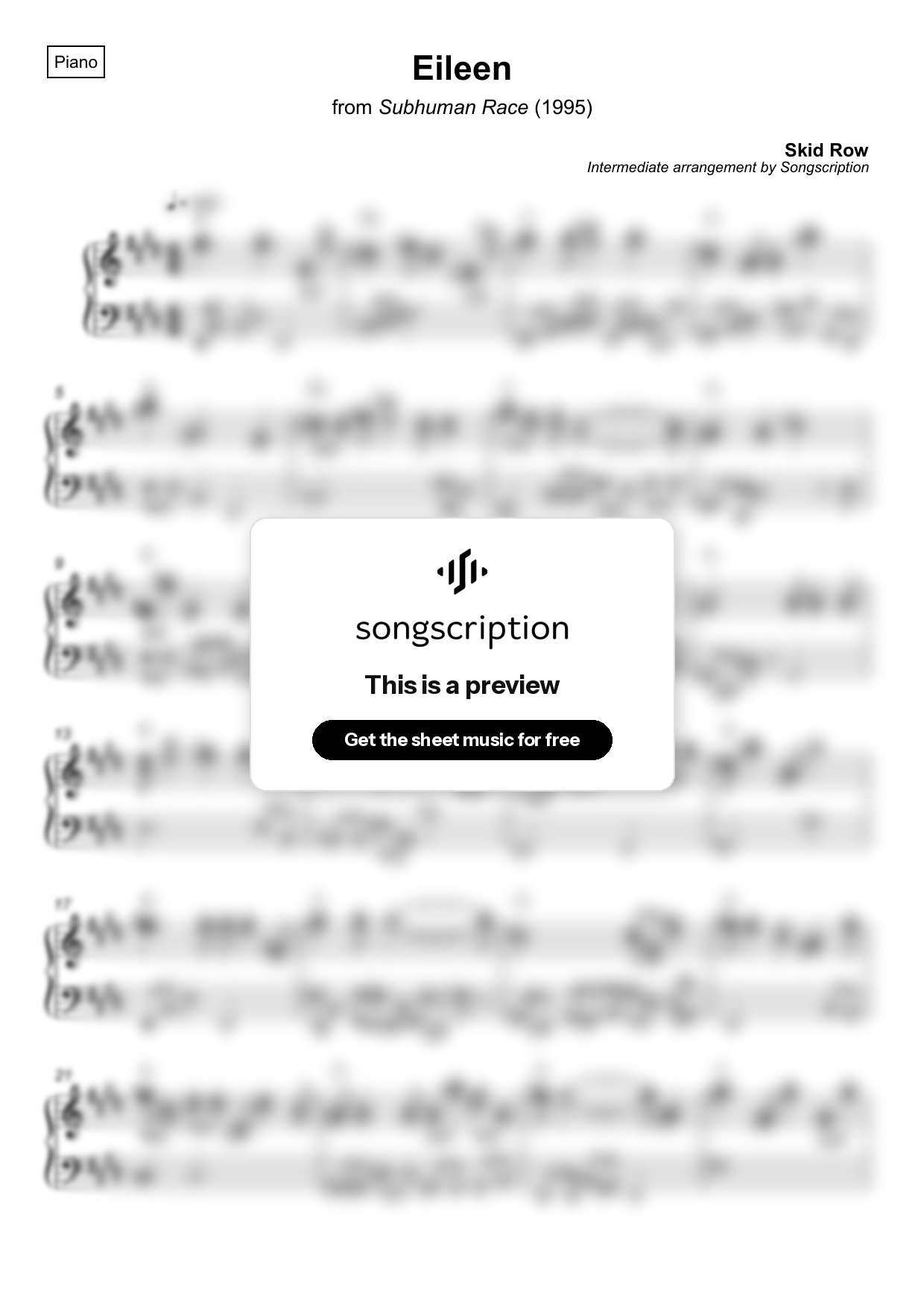 Intermediate Piano Sheet Music for "Eileen" by Skid Row
