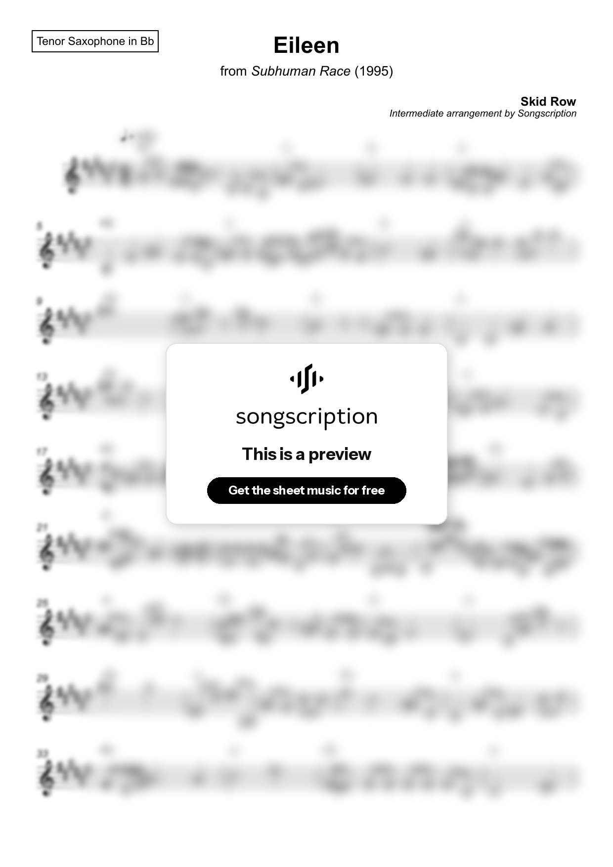Intermediate Tenor Sax Sheet Music for "Eileen" by Skid Row