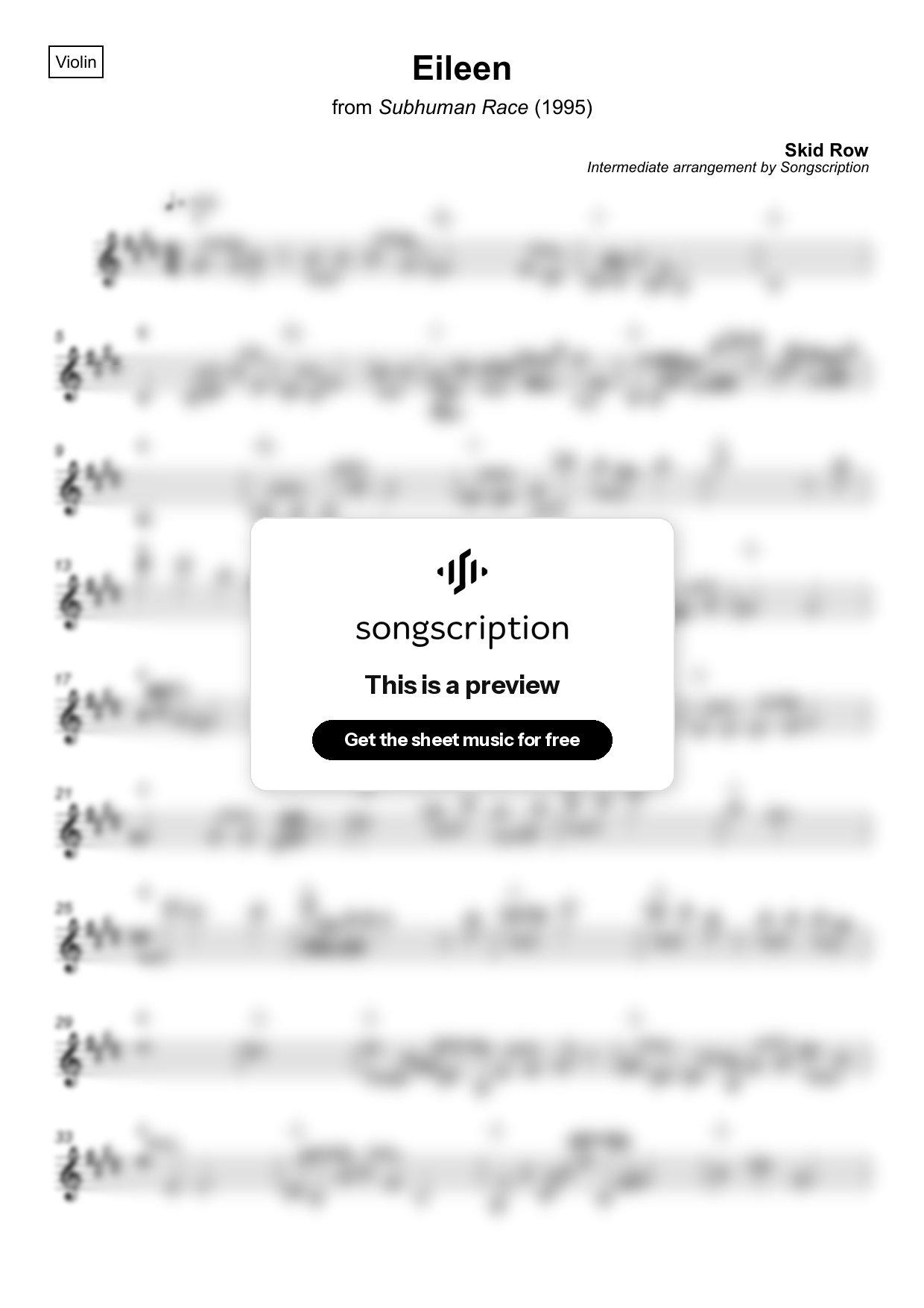 Intermediate Violin Sheet Music for "Eileen" by Skid Row