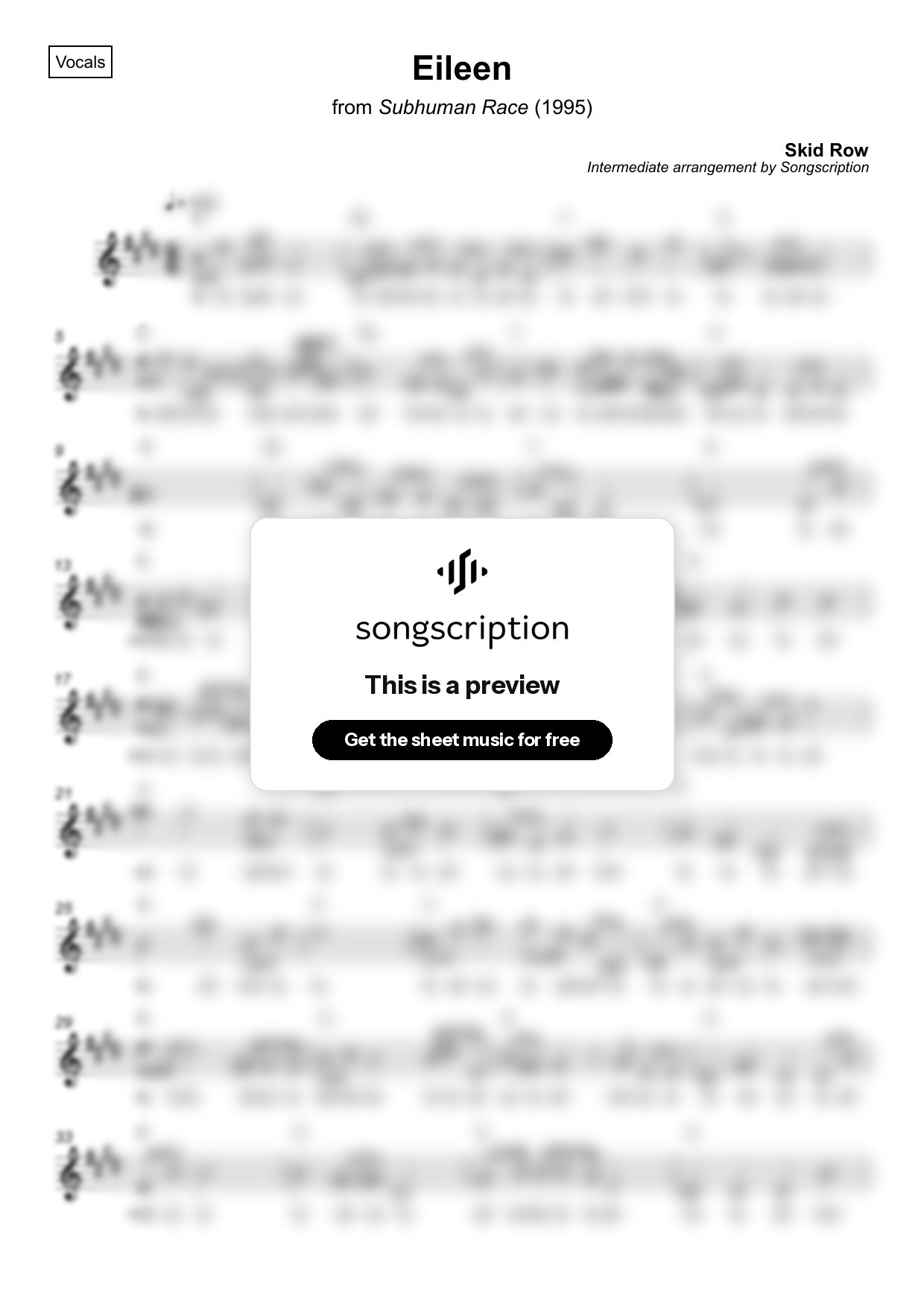 Intermediate Vocals Sheet Music for "Eileen" by Skid Row