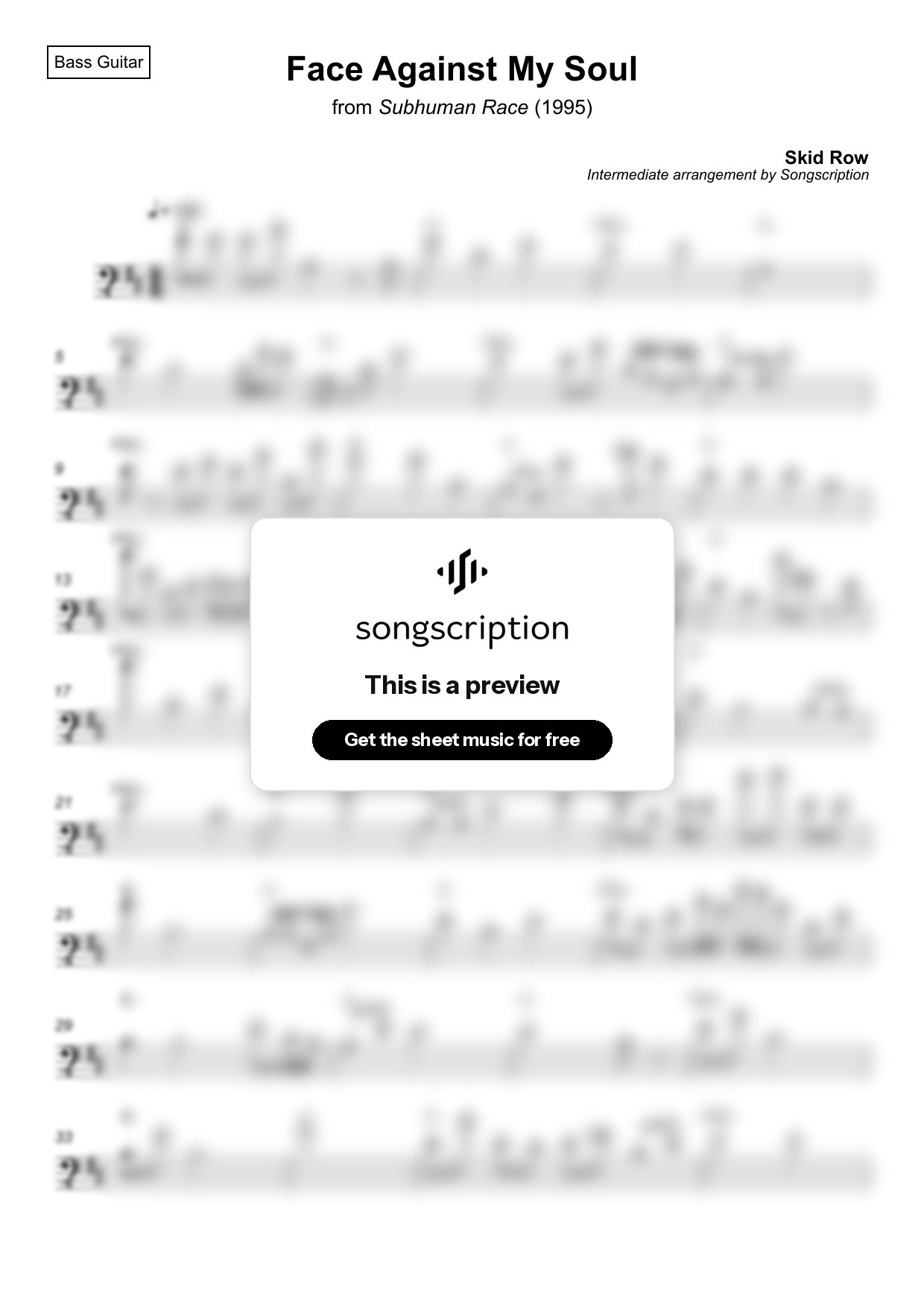 Intermediate Bass Guitar Sheet Music for "Face Against My Soul" by Skid Row