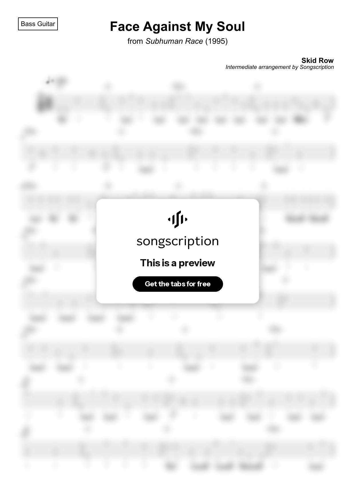 Intermediate Bass Guitar Tabs for "Face Against My Soul" by Skid Row