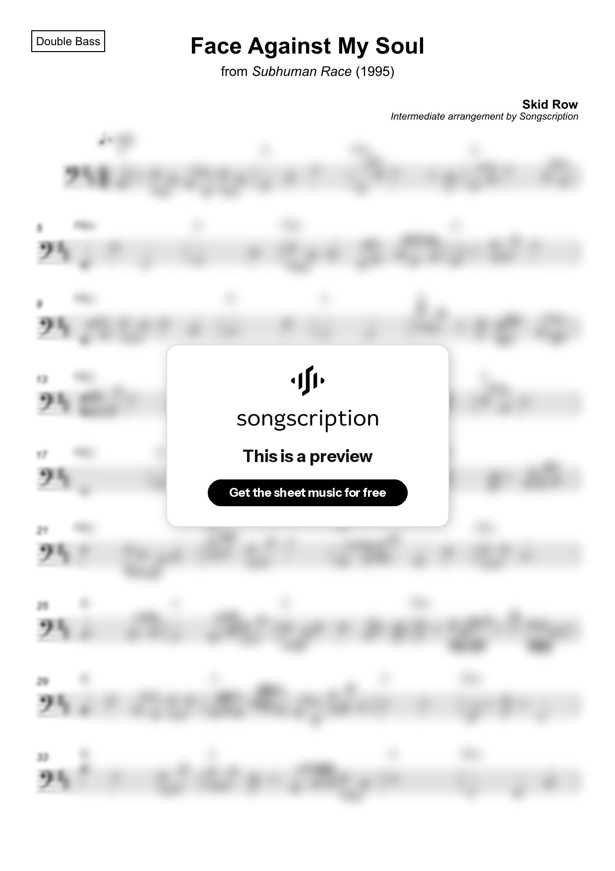 Intermediate Double Bass Sheet Music for "Face Against My Soul" by Skid Row