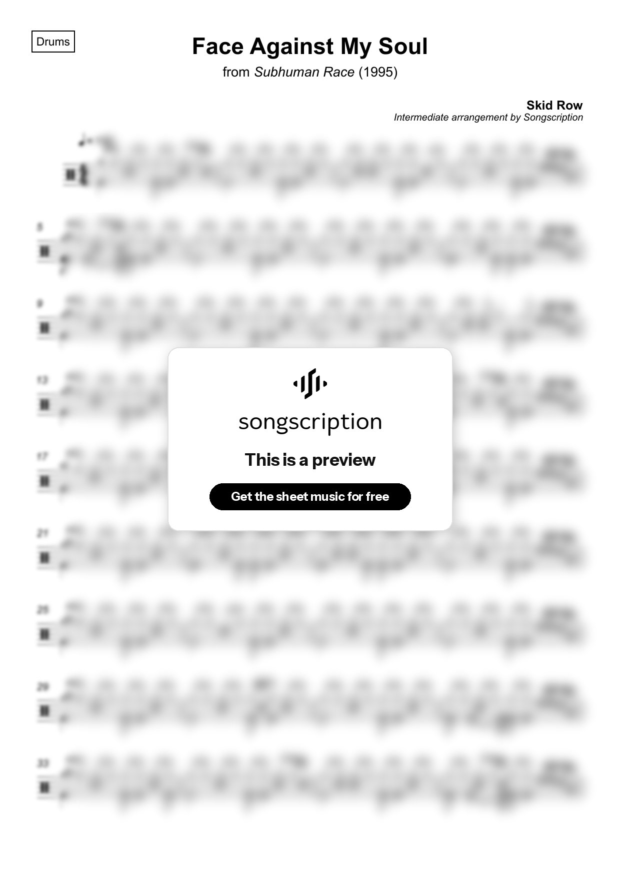Intermediate Drums Sheet Music for "Face Against My Soul" by Skid Row